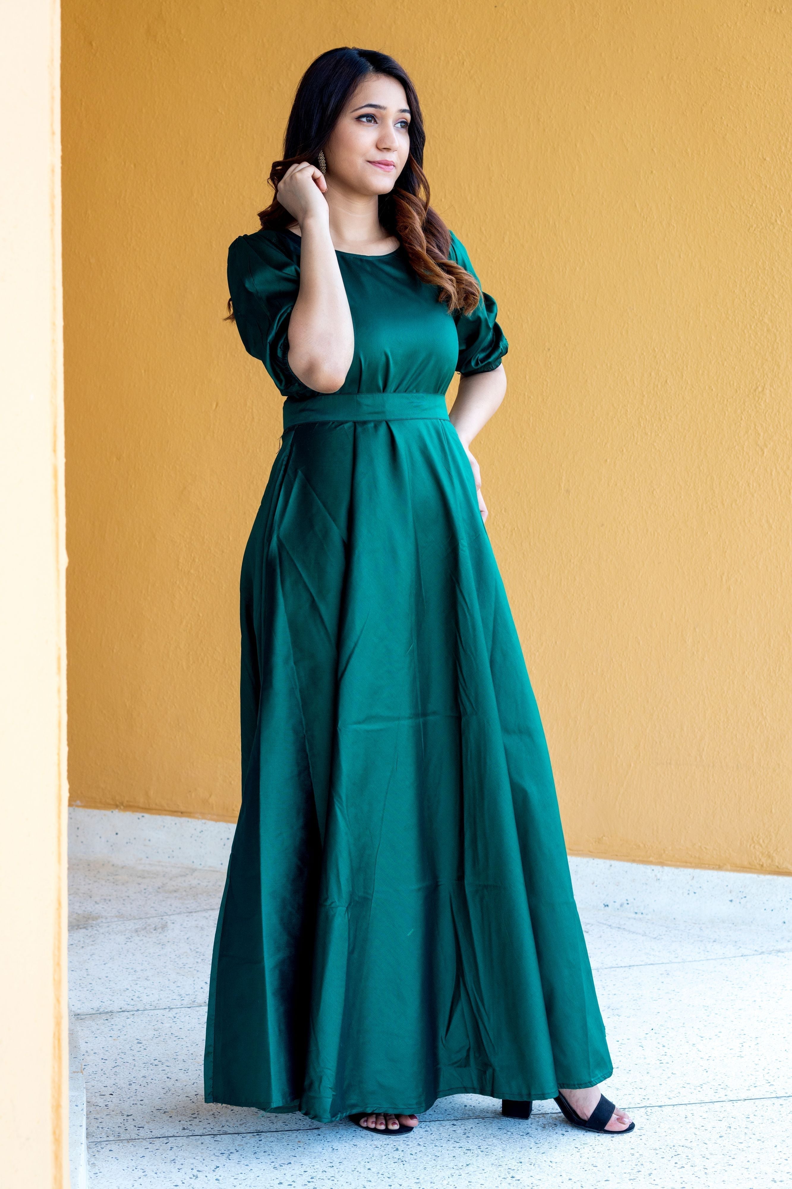 Women Green Tapeta Silk Solid Floor Length Maxi Dress- FunkyTeesClub