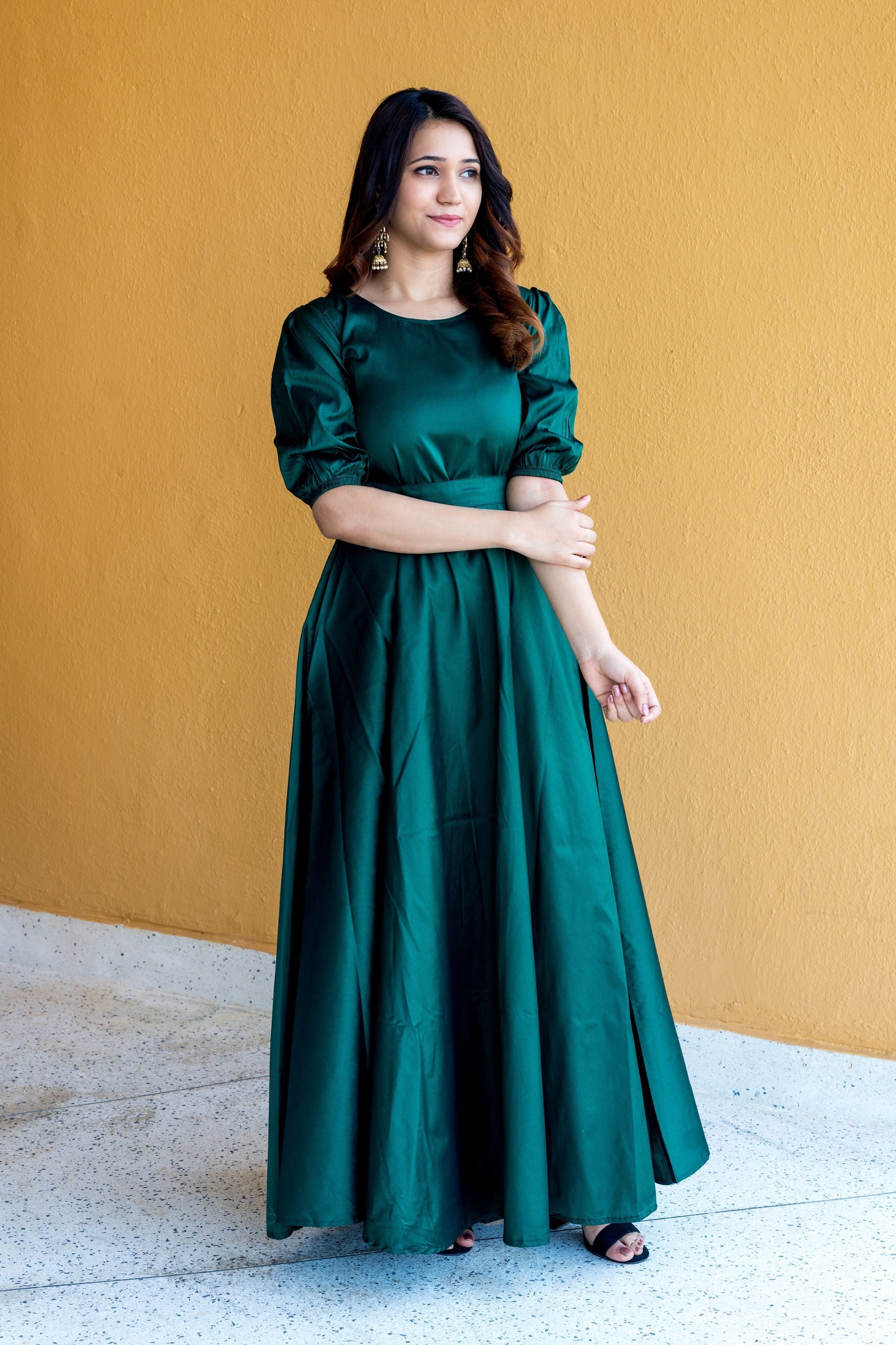 Women Green Tapeta Silk Solid Floor Length Maxi Dress- FunkyTeesClub