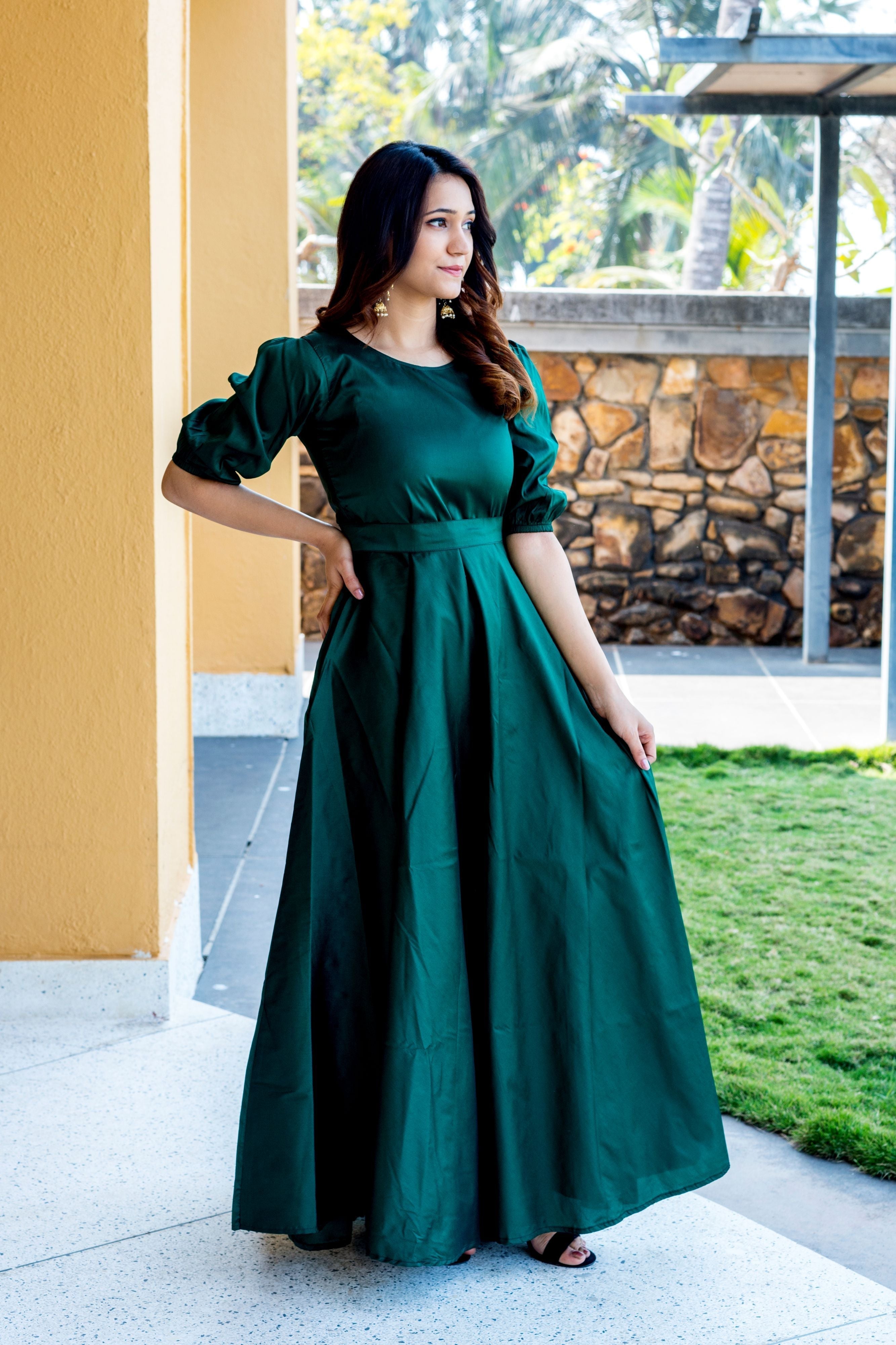 Women Green Tapeta Silk Solid Floor Length Maxi Dress- FunkyTeesClub