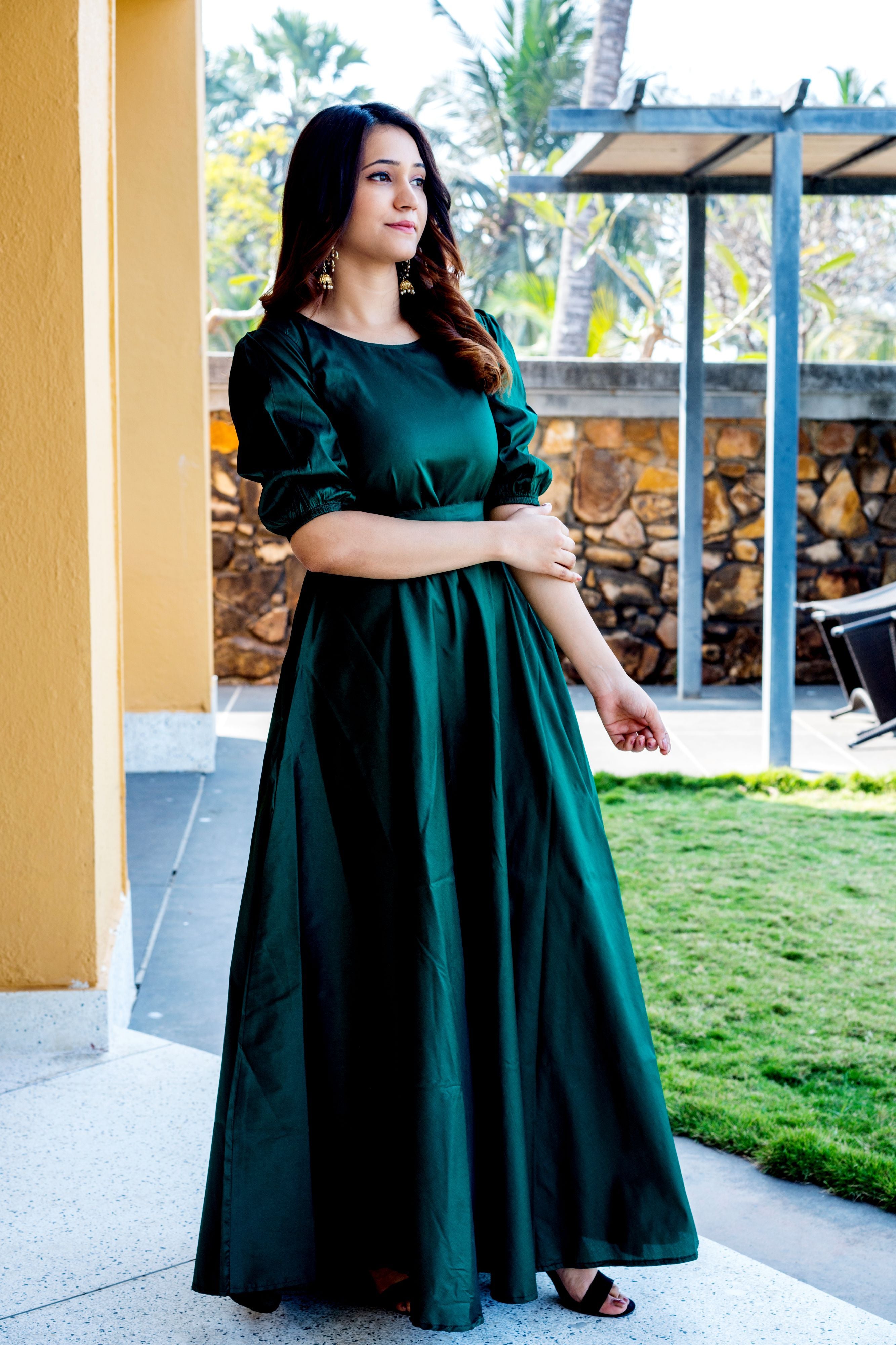 Women Green Tapeta Silk Solid Floor Length Maxi Dress- FunkyTeesClub