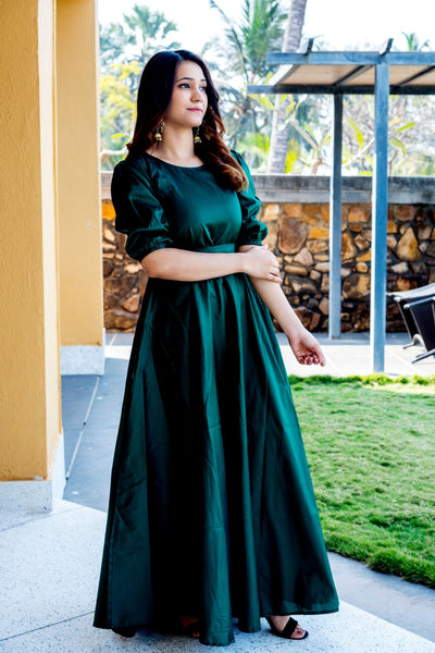 Women Green Tapeta Silk Solid Floor Length Maxi Dress- FunkyTeesClub