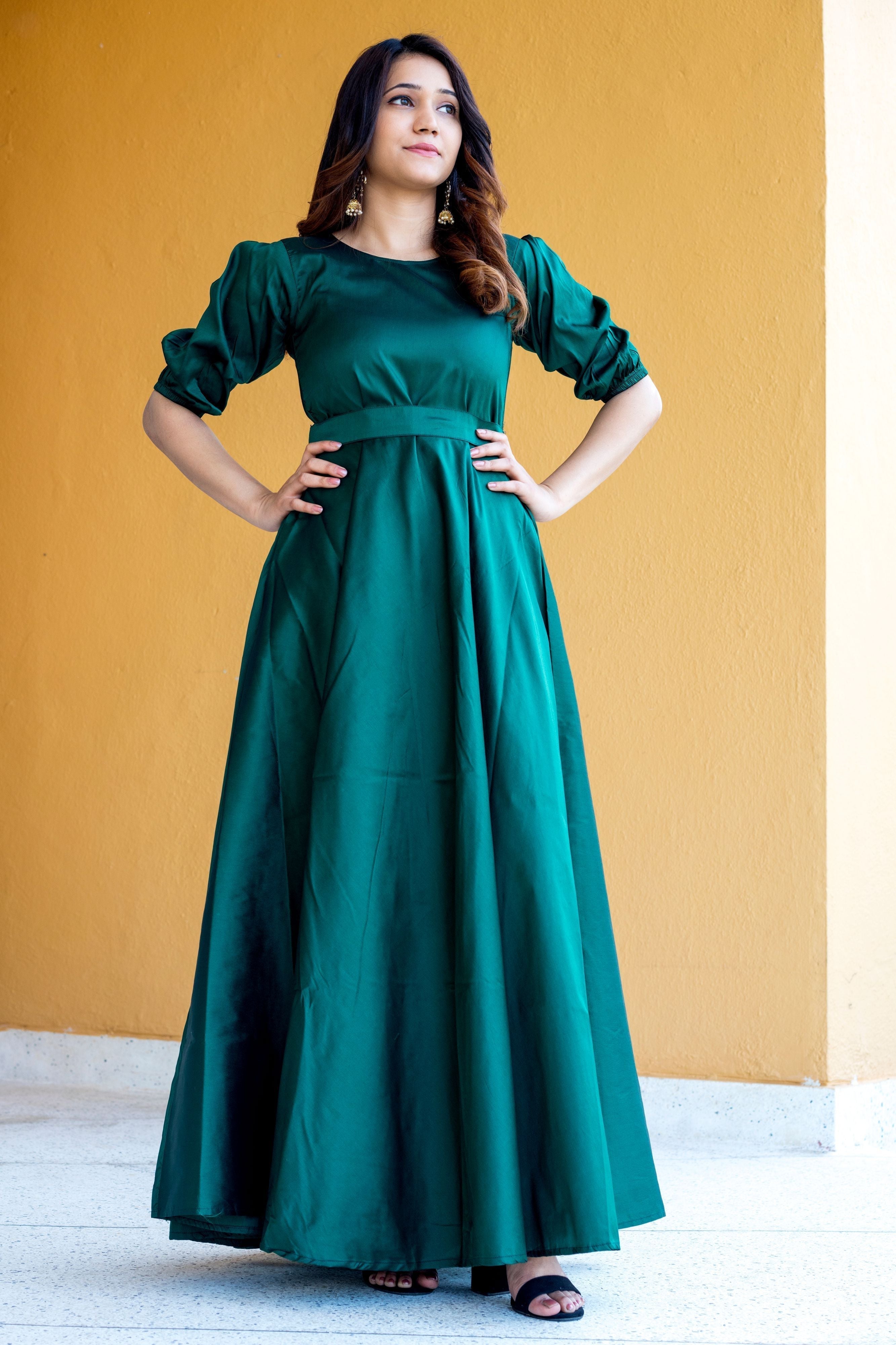 Women Green Tapeta Silk Solid Floor Length Maxi Dress- FunkyTeesClub