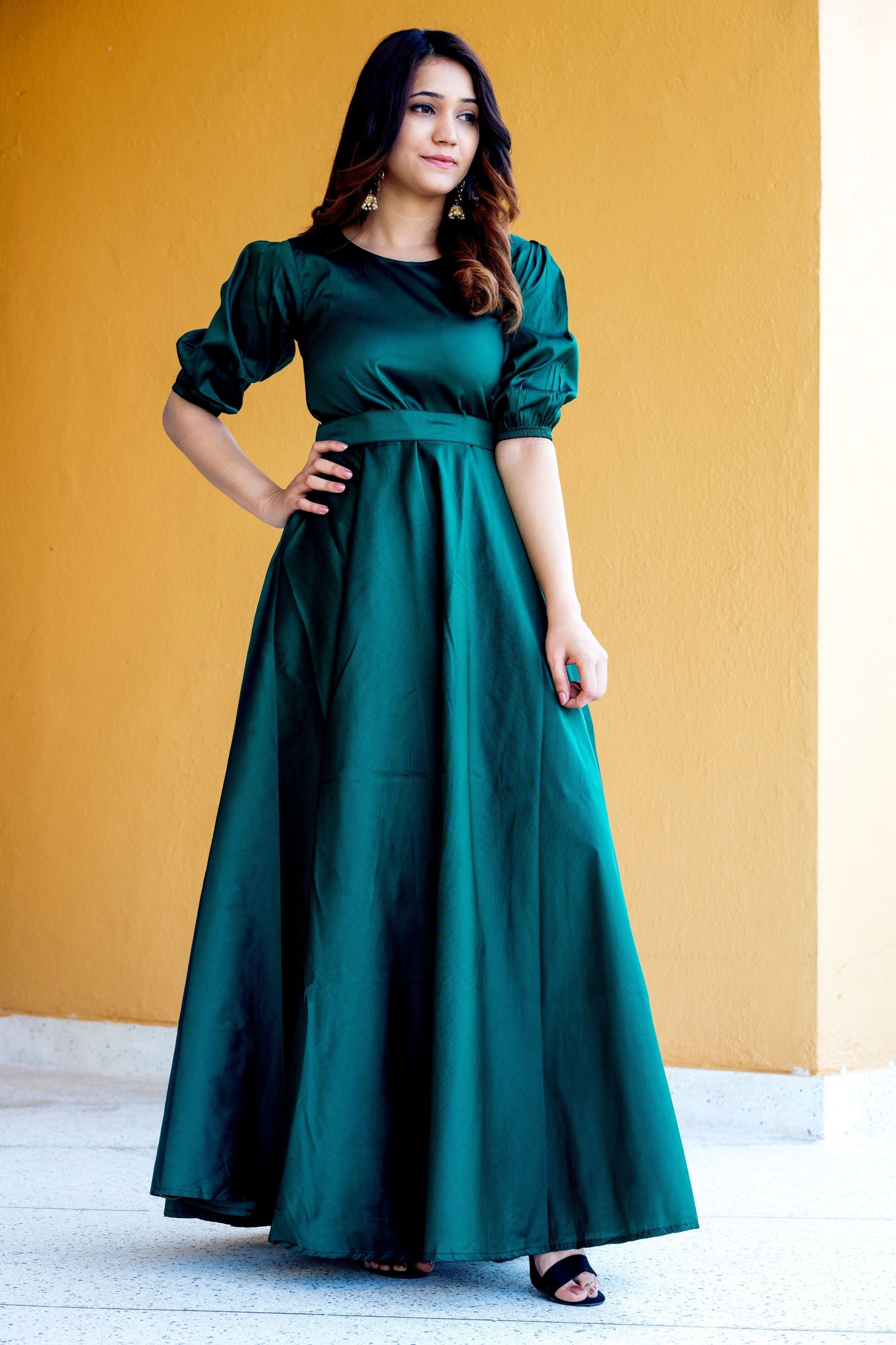 Women Green Tapeta Silk Solid Floor Length Maxi Dress- FunkyTeesClub