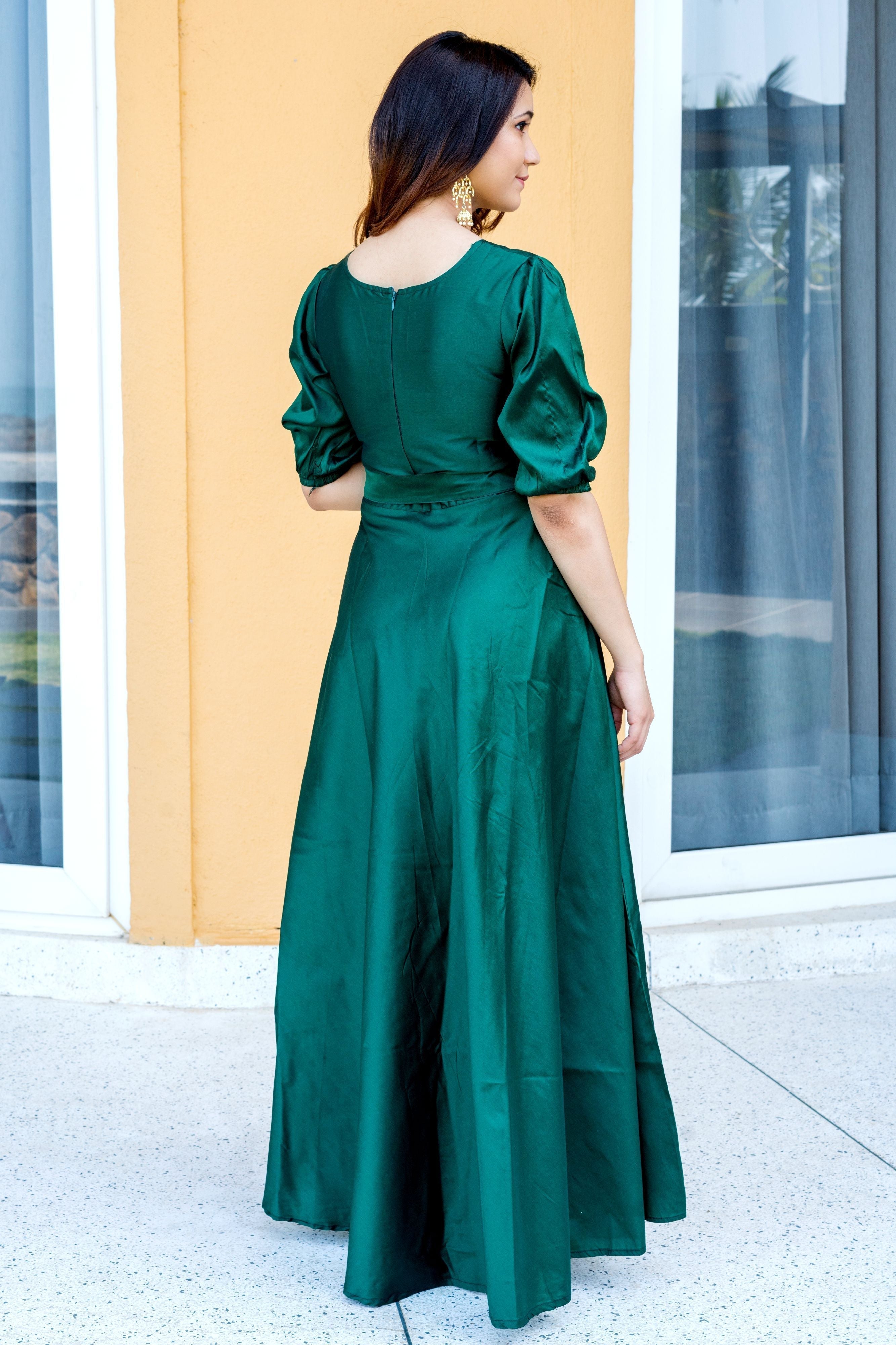 Women Green Tapeta Silk Solid Floor Length Maxi Dress- FunkyTeesClub