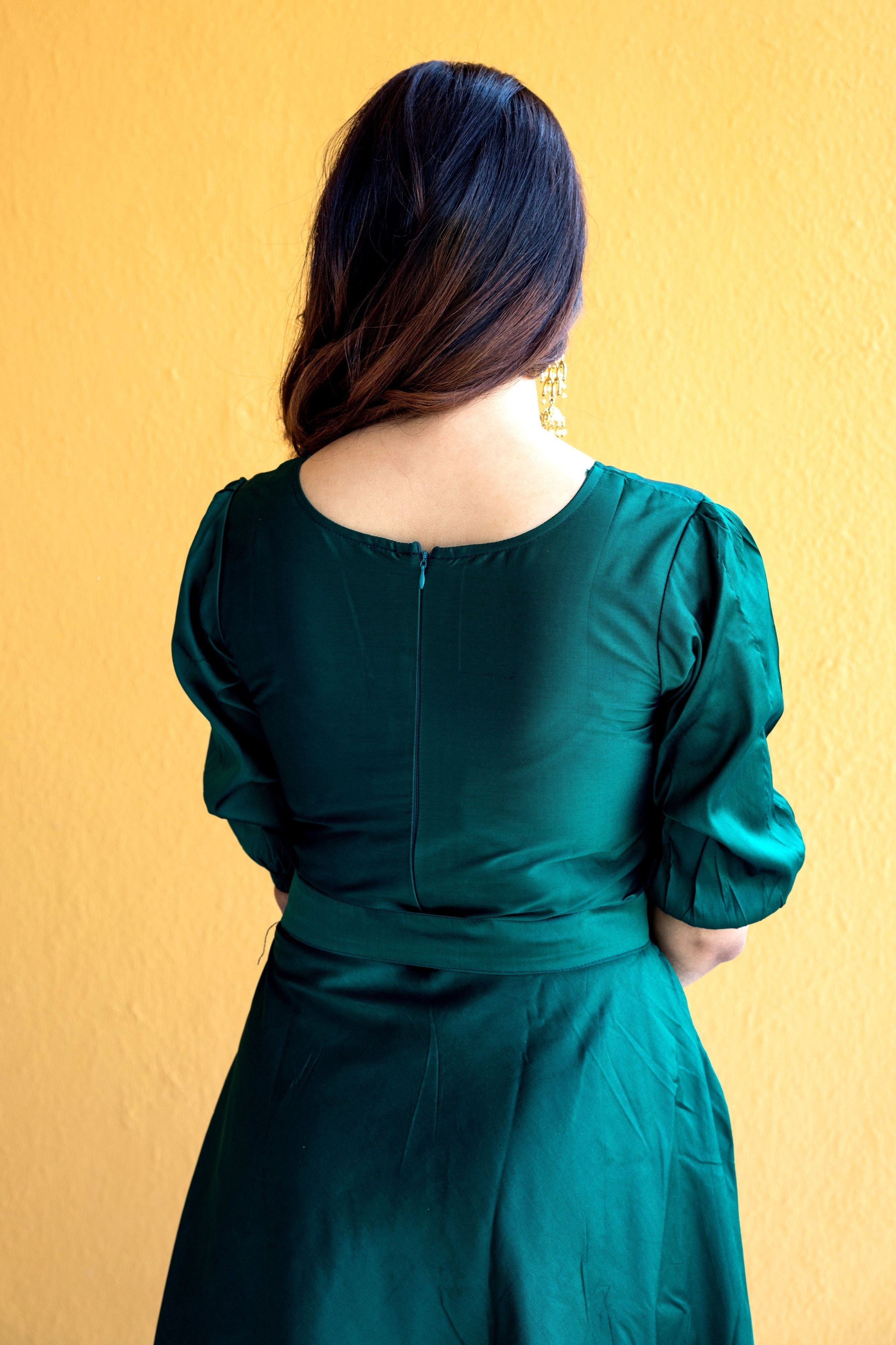 Women Green Tapeta Silk Solid Floor Length Maxi Dress- FunkyTeesClub