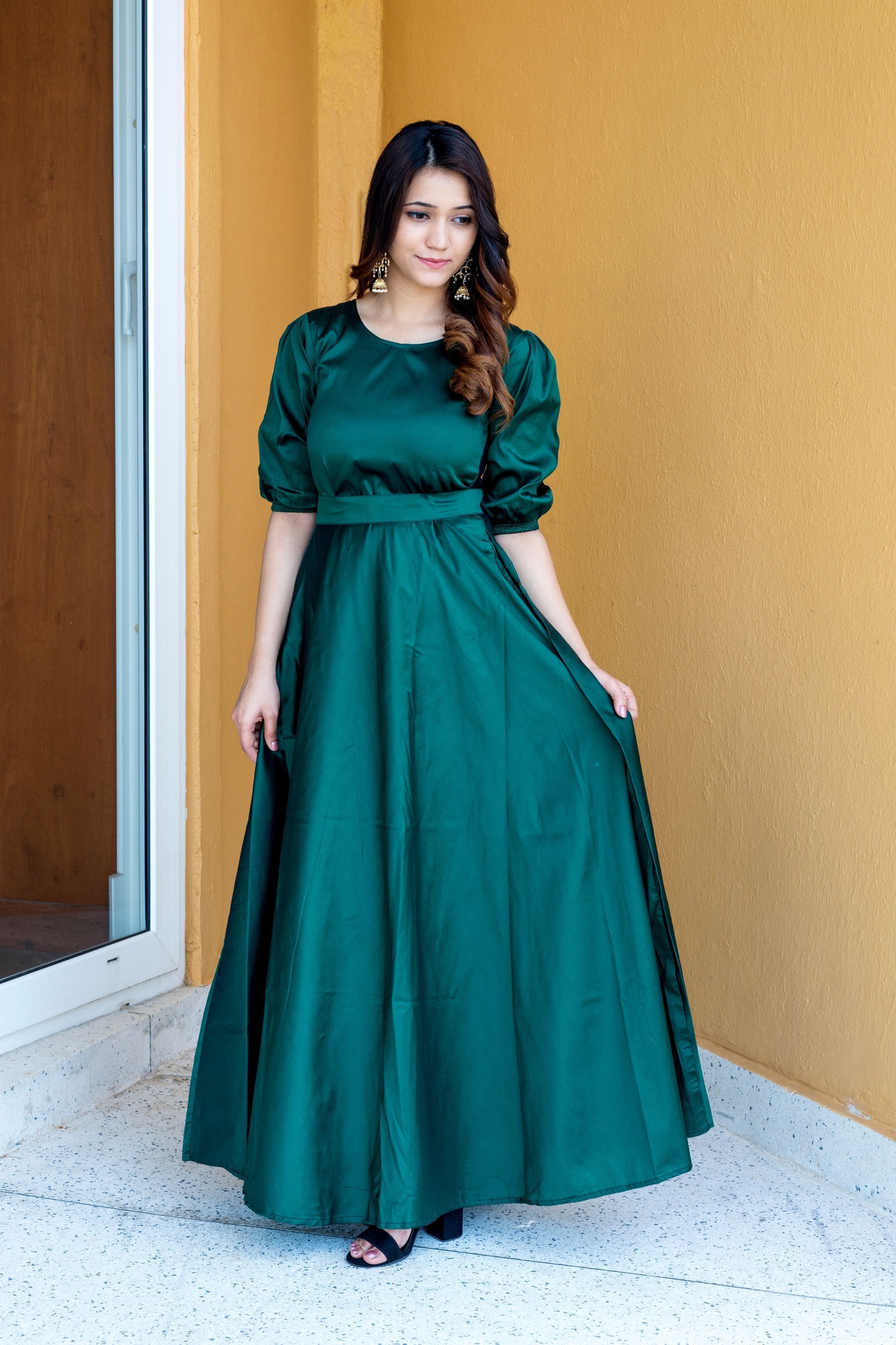 Women Green Tapeta Silk Solid Floor Length Maxi Dress- FunkyTeesClub