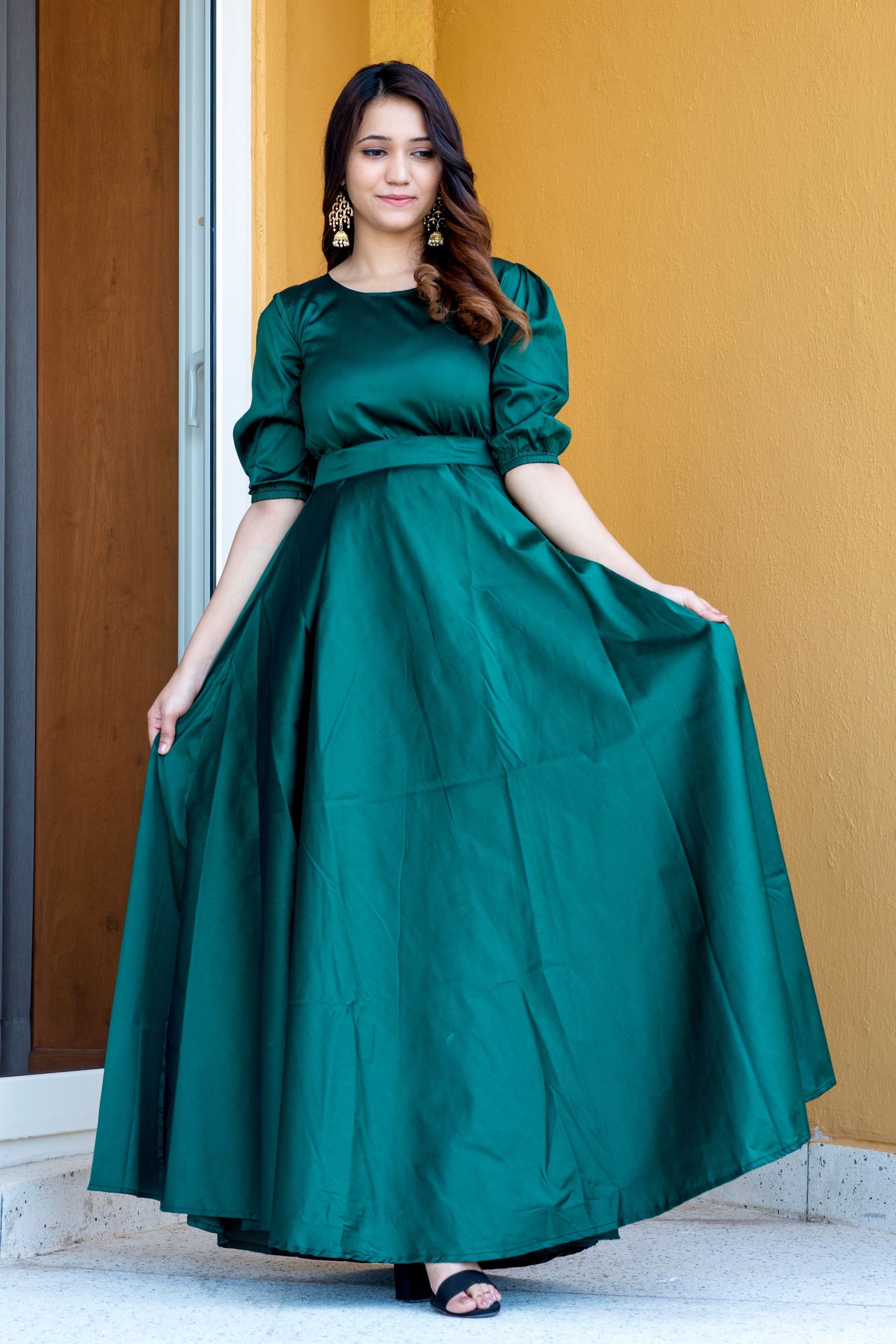 Women Green Tapeta Silk Solid Floor Length Maxi Dress- FunkyTeesClub