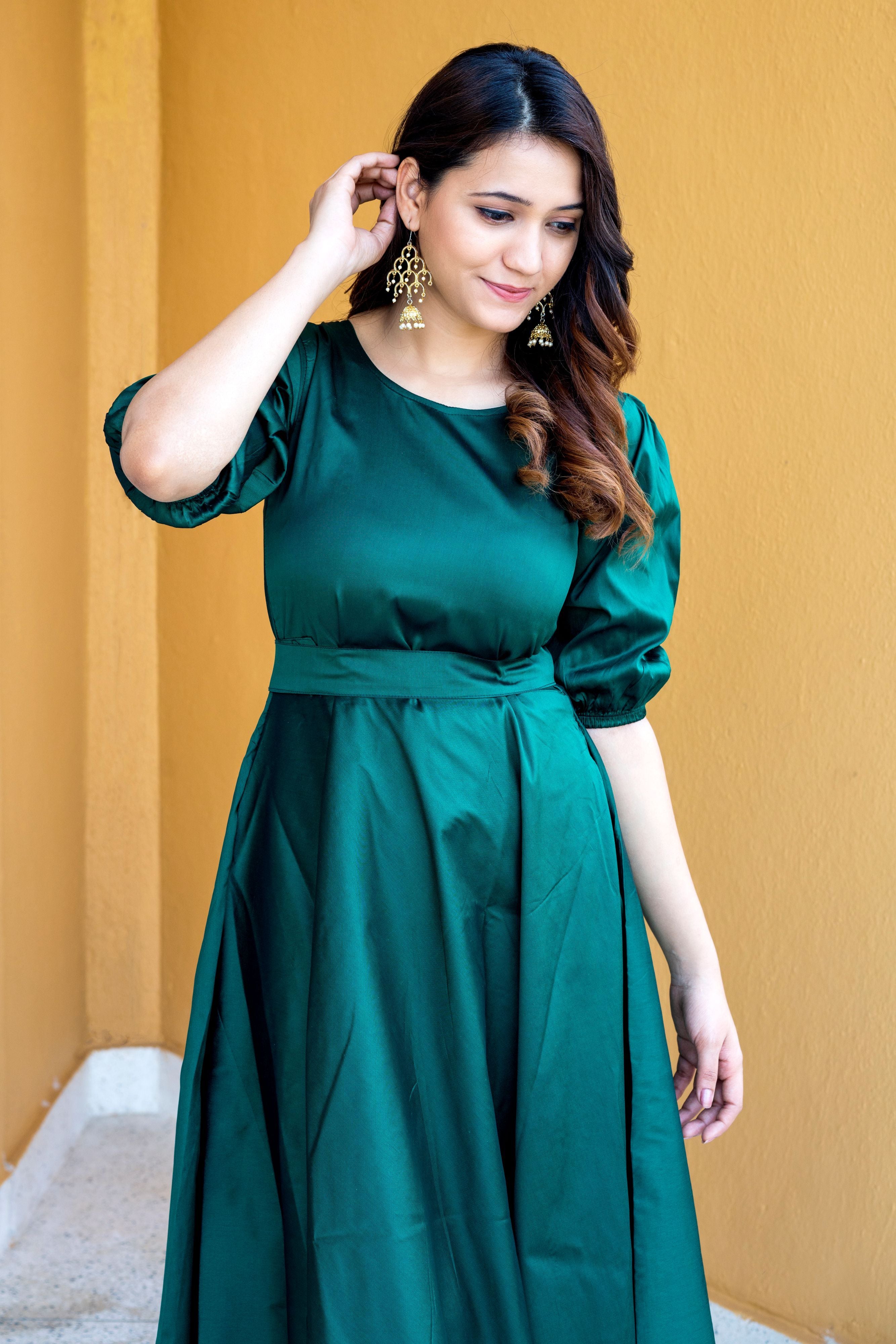 Women Green Tapeta Silk Solid Floor Length Maxi Dress- FunkyTeesClub