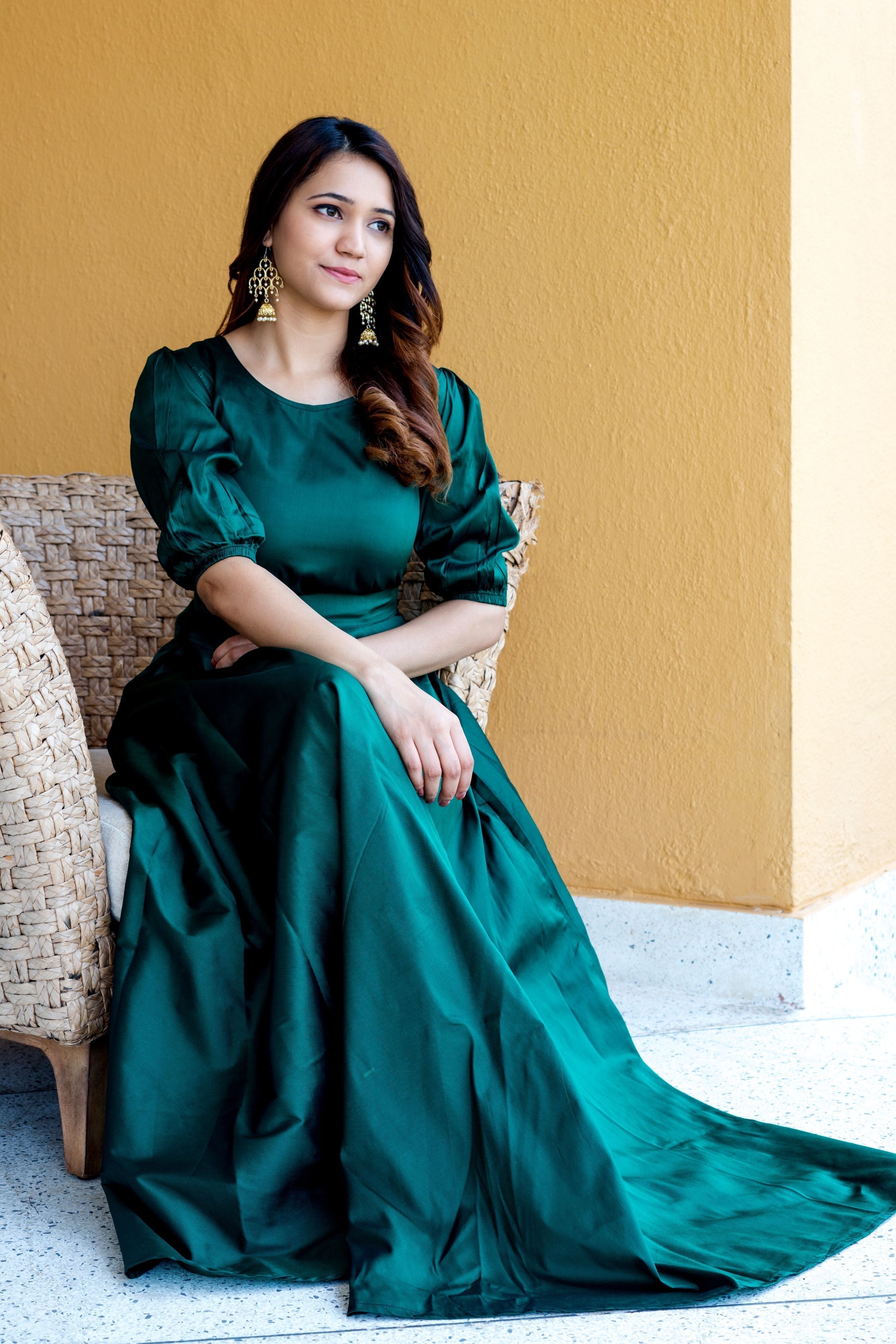 Women Green Tapeta Silk Solid Floor Length Maxi Dress- FunkyTeesClub