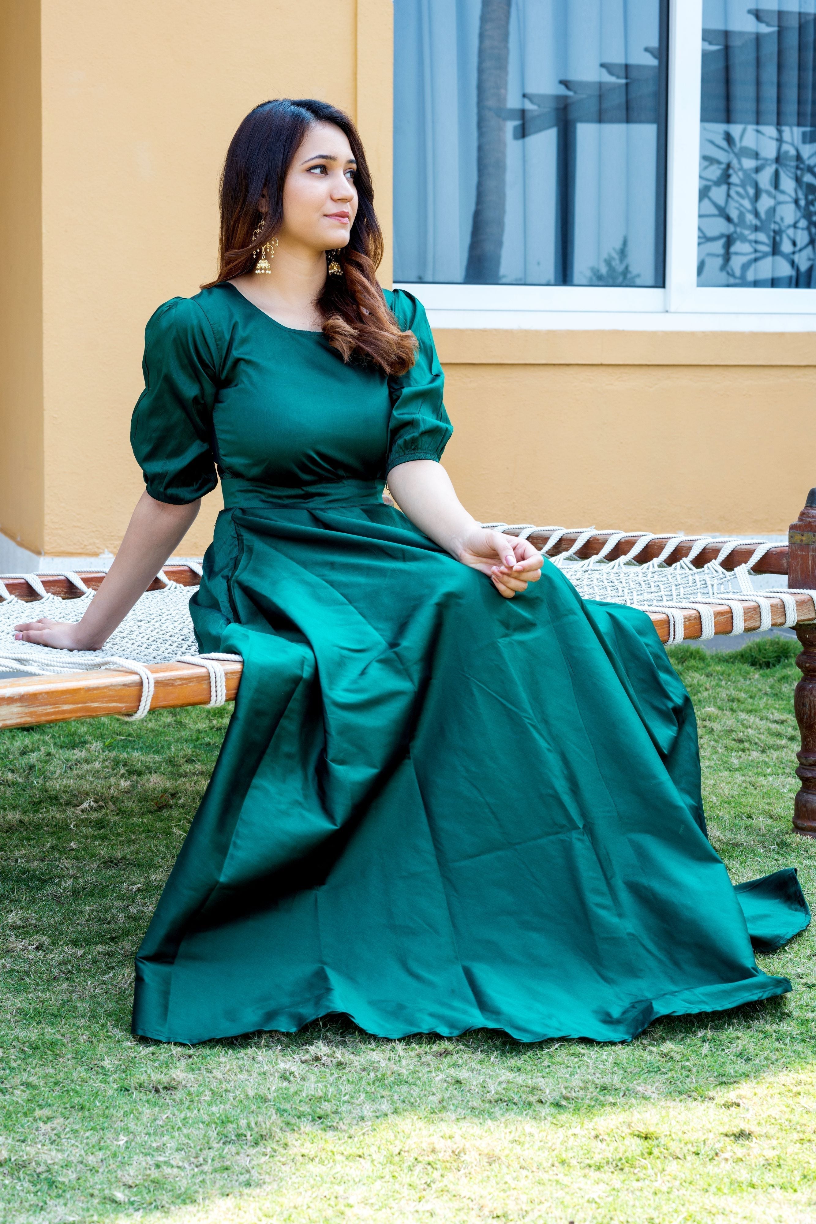 Women Green Tapeta Silk Solid Floor Length Maxi Dress- FunkyTeesClub