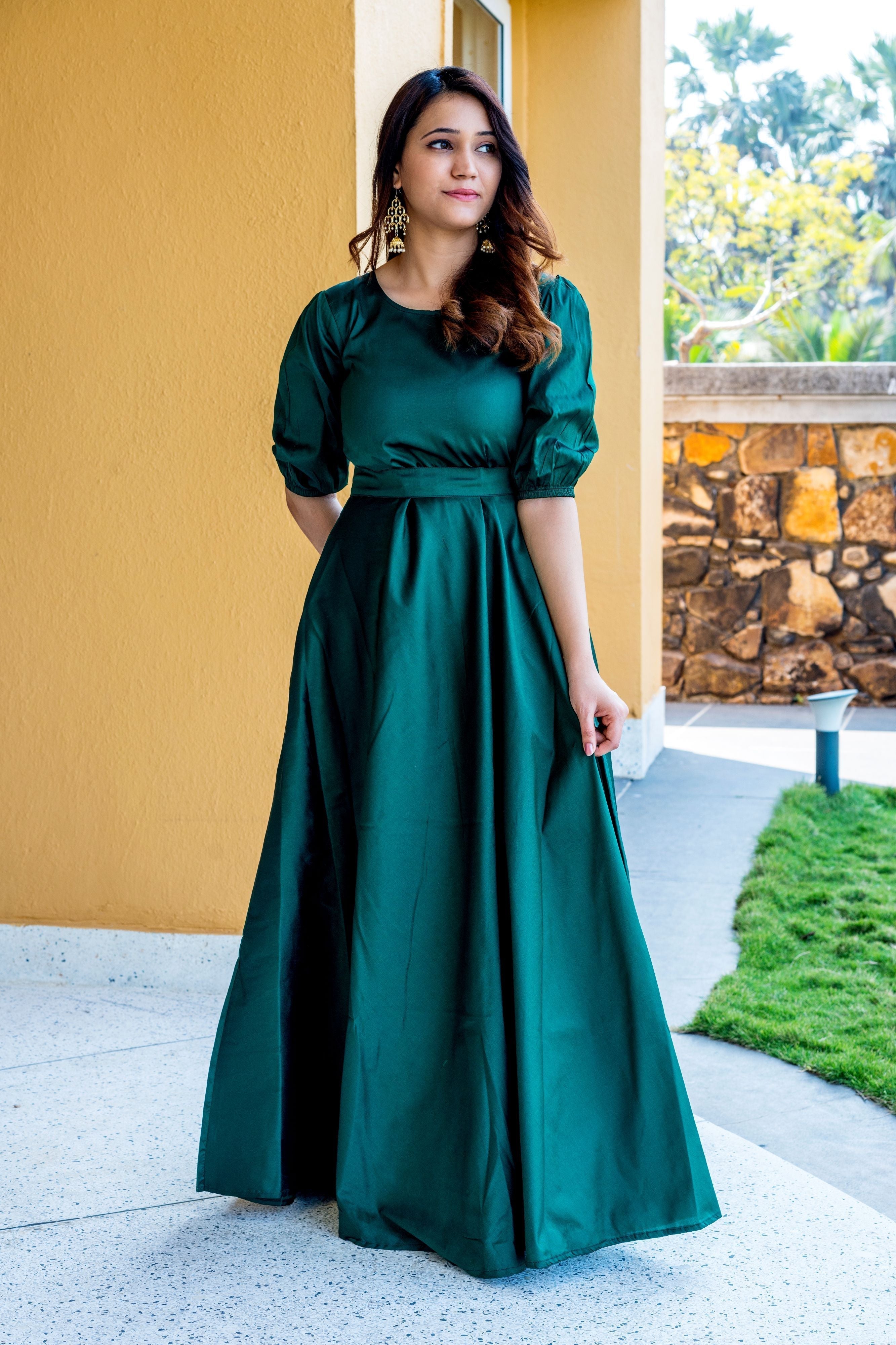 Women Green Tapeta Silk Solid Floor Length Maxi Dress- FunkyTeesClub S