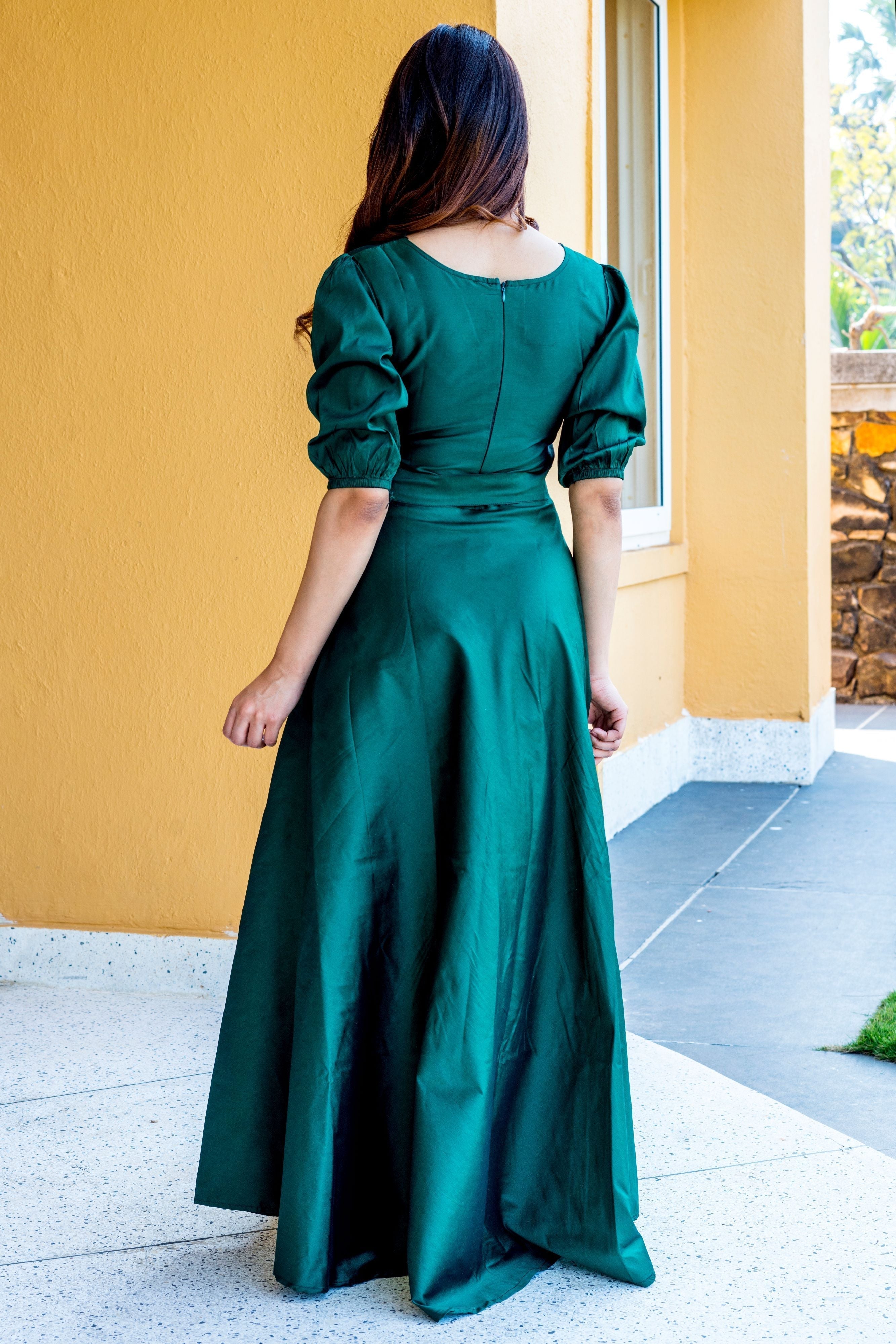 Women Green Tapeta Silk Solid Floor Length Maxi Dress- FunkyTeesClub