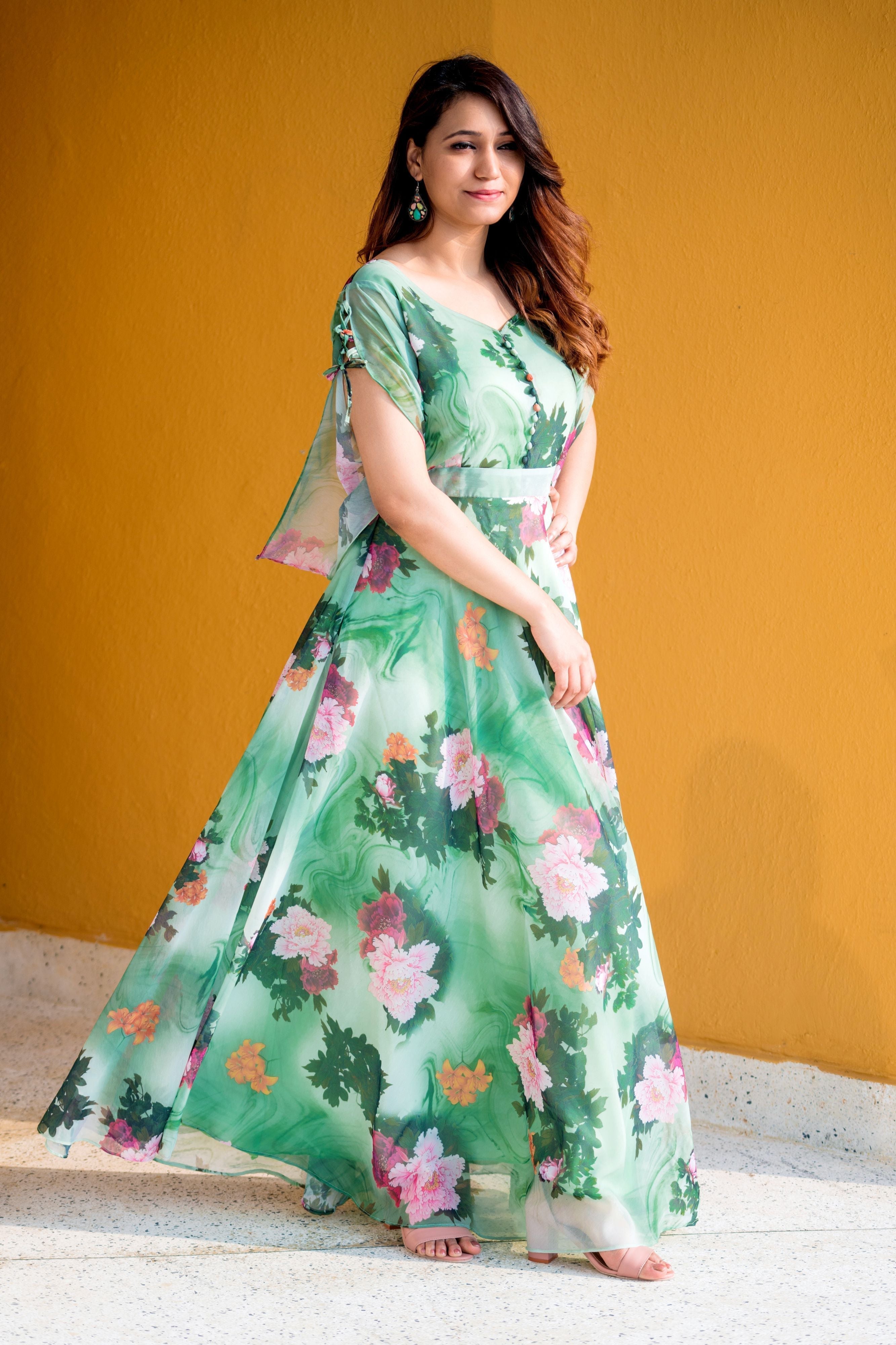 Women Green Floral Print Maxi Dress- FunkyTeesClub S