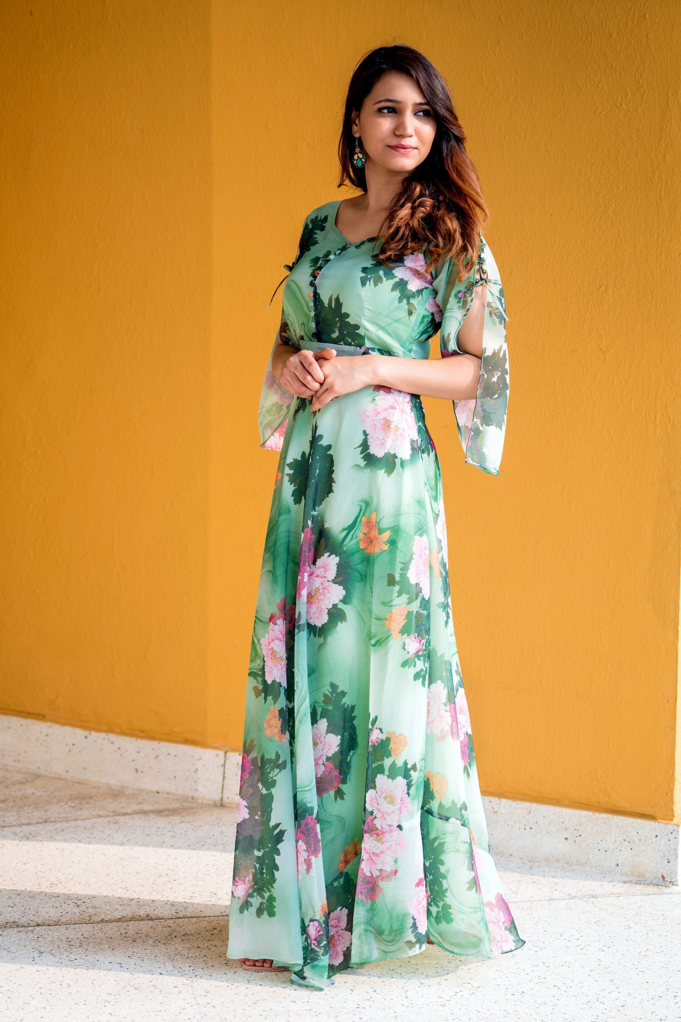Women Green Floral Print Maxi Dress- FunkyTeesClub