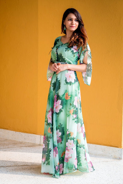 Women Green Floral Print Maxi Dress- FunkyTeesClub