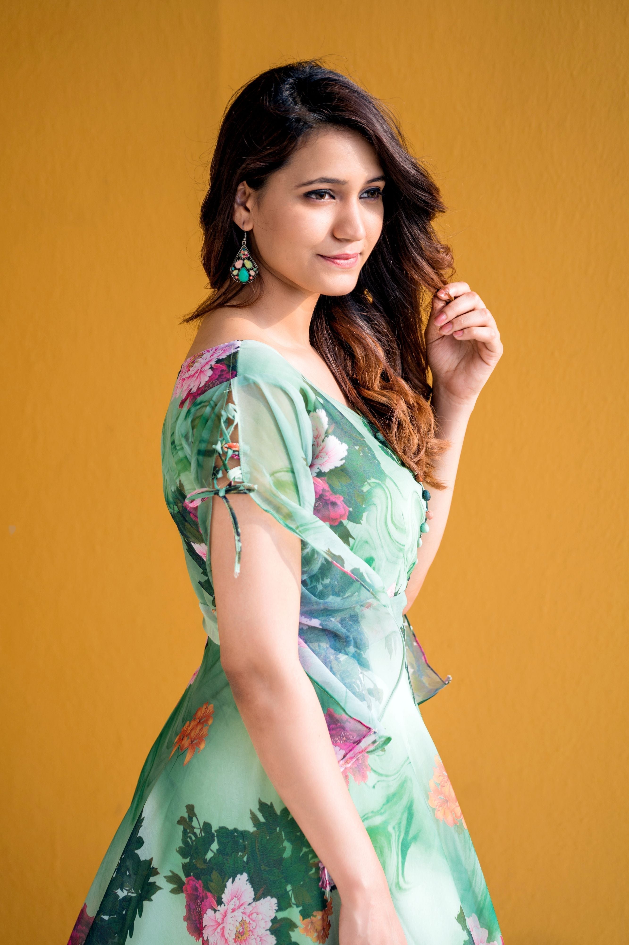 Women Green Floral Print Maxi Dress- FunkyTeesClub