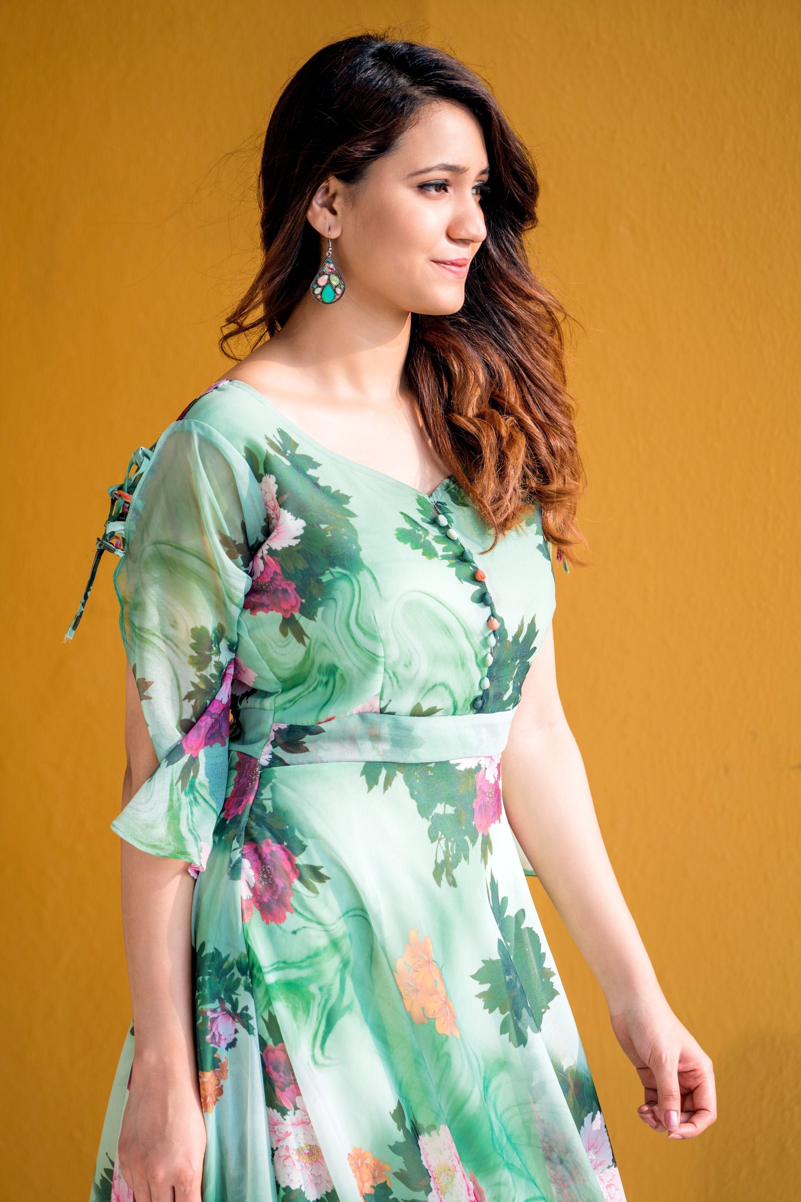 Women Green Floral Print Maxi Dress- FunkyTeesClub