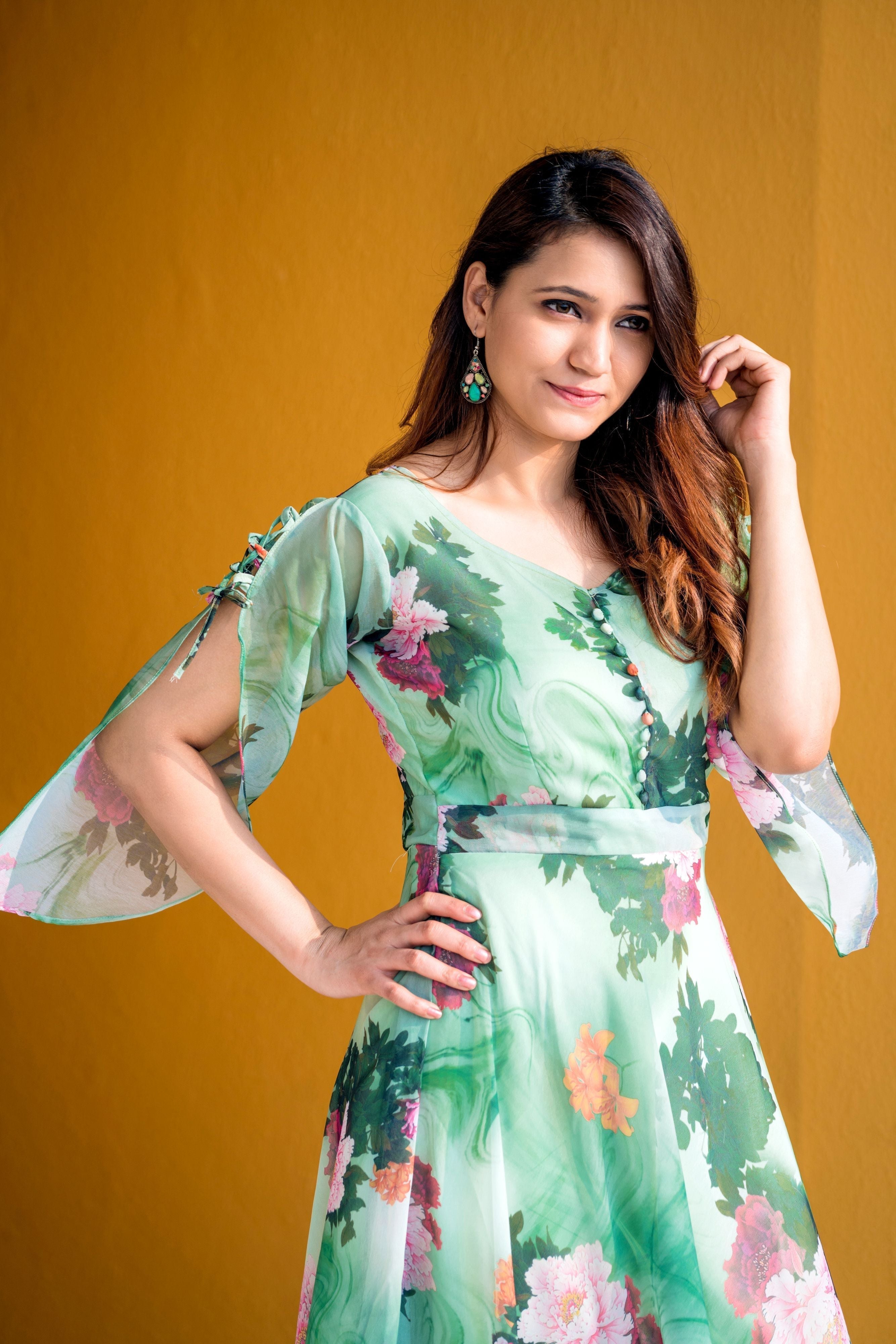 Women Green Floral Print Maxi Dress- FunkyTeesClub