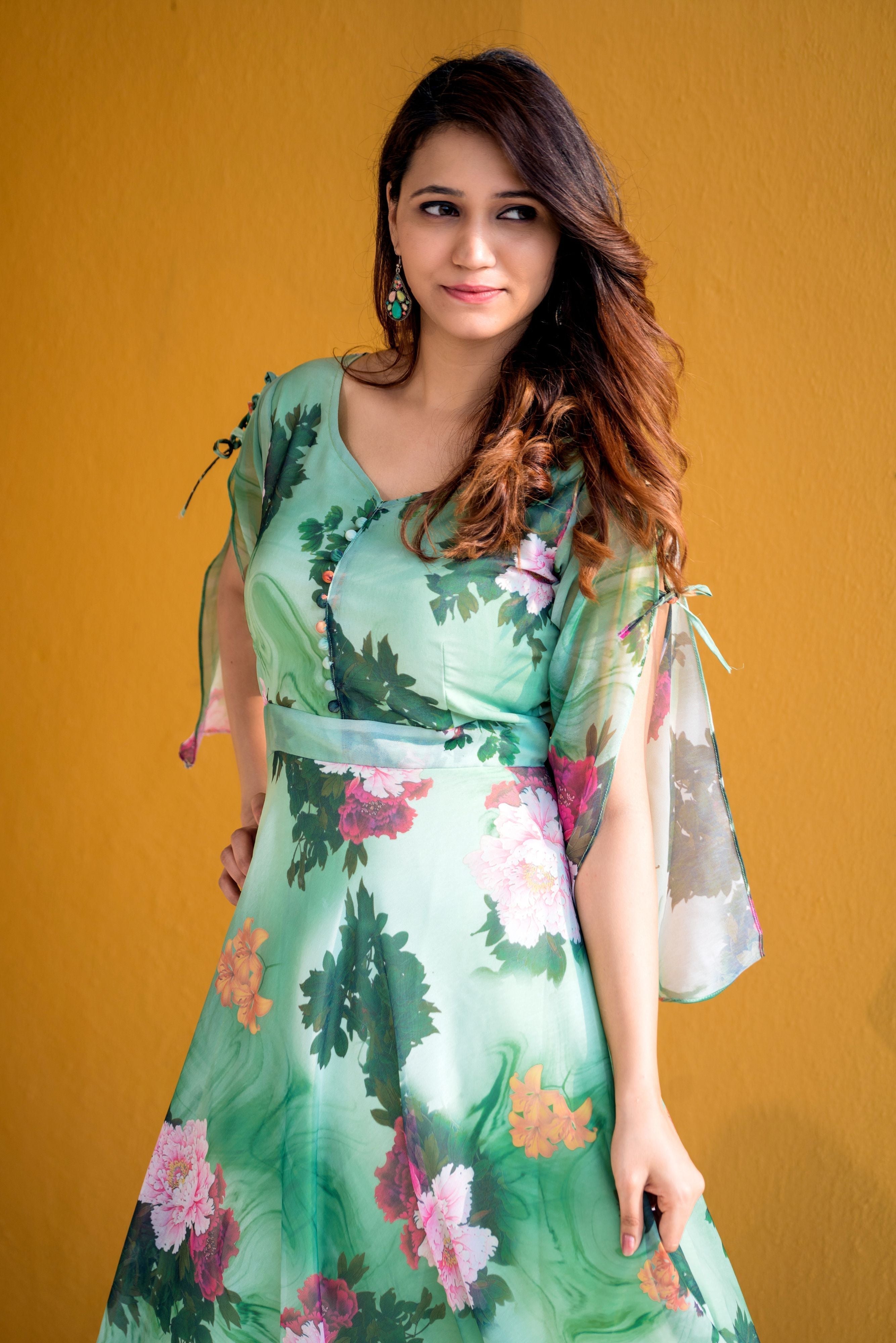 Women Green Floral Print Maxi Dress- FunkyTeesClub