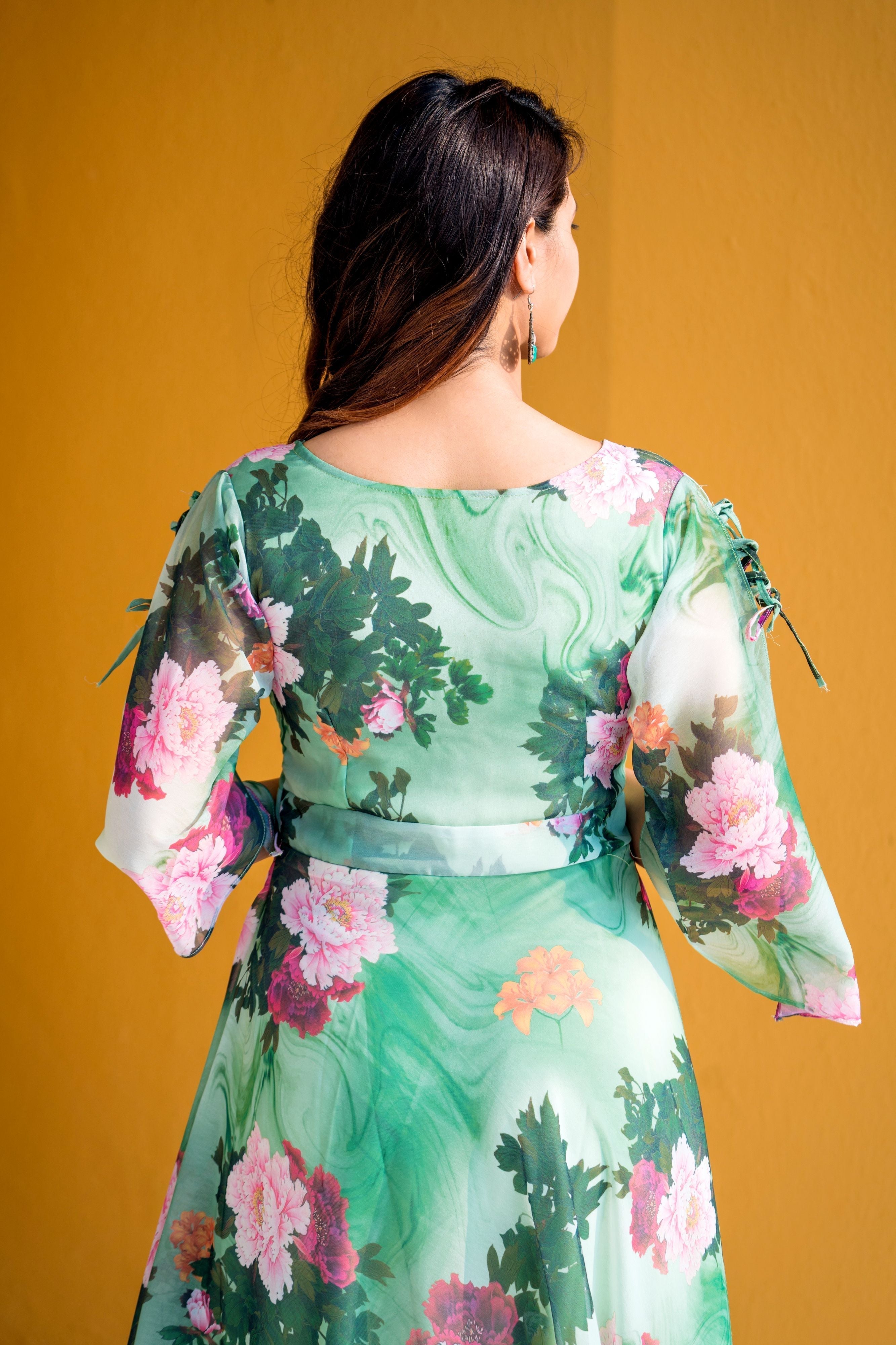 Women Green Floral Print Maxi Dress- FunkyTeesClub