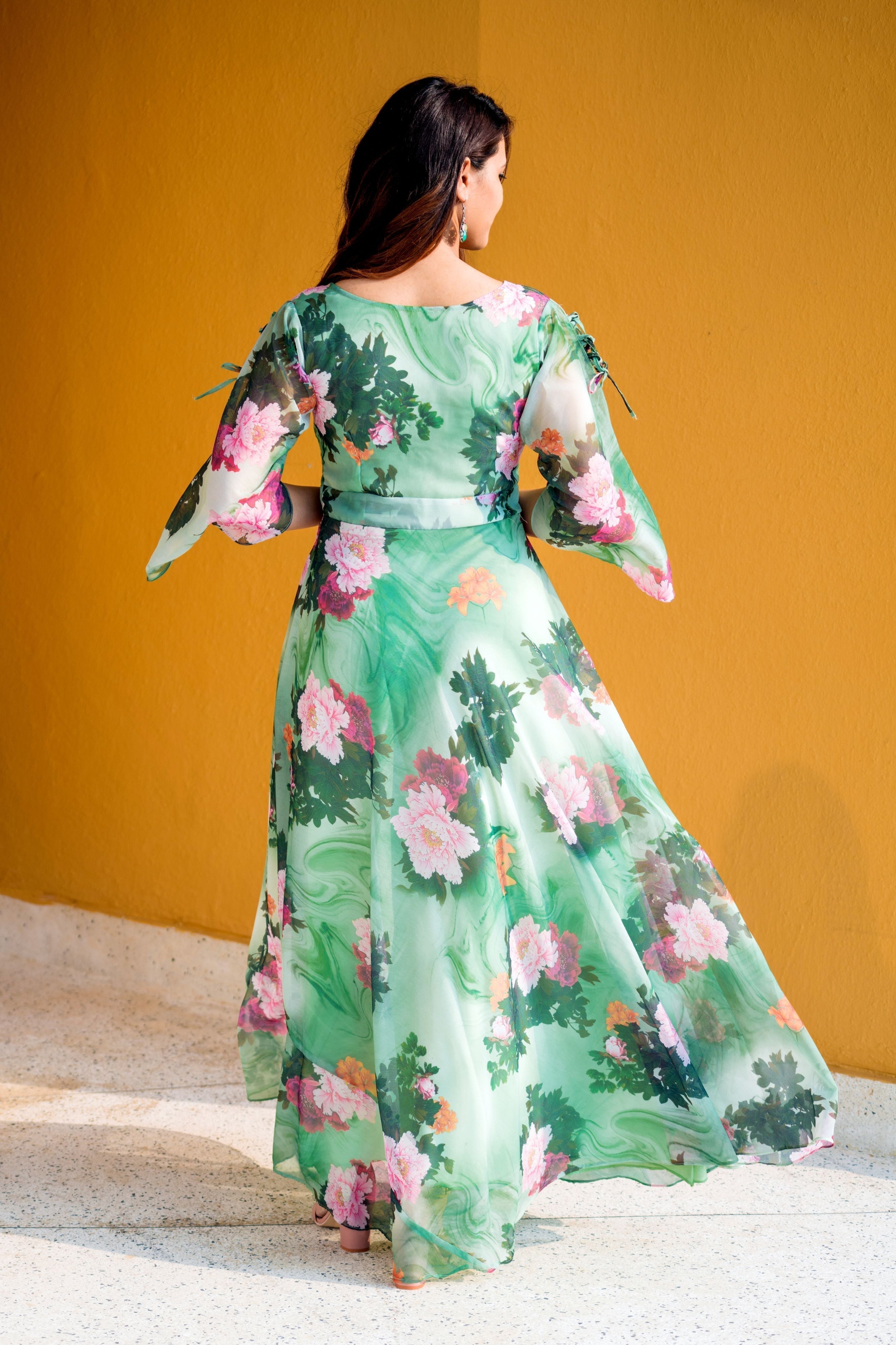 Women Green Floral Print Maxi Dress- FunkyTeesClub