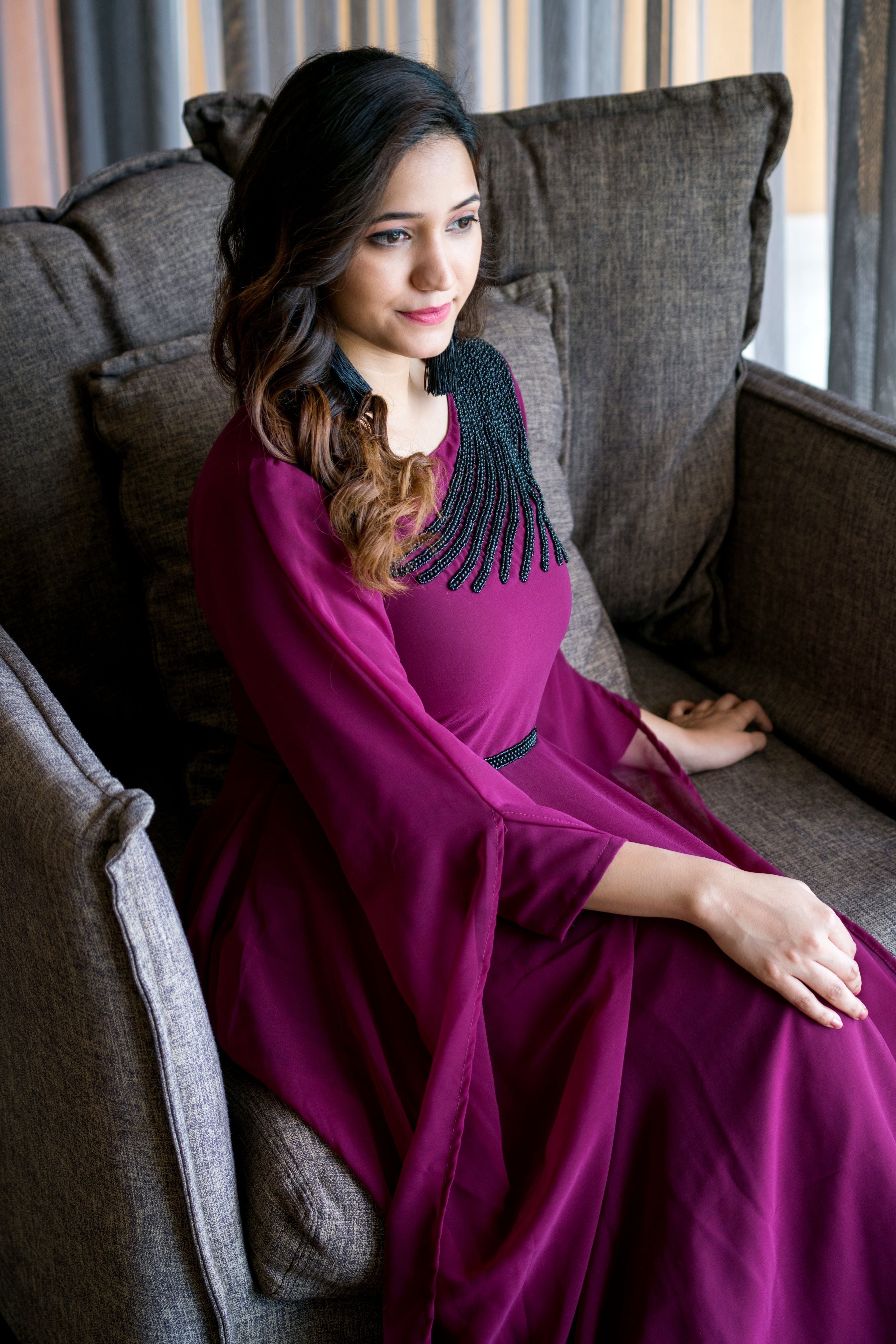 Women Wine Colored Embroidered Round Neck Fit And Flare Gown- FunkyTeesClub