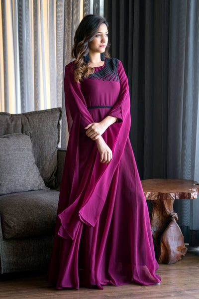 Women Wine Colored Embroidered Round Neck Fit And Flare Gown- FunkyTeesClub
