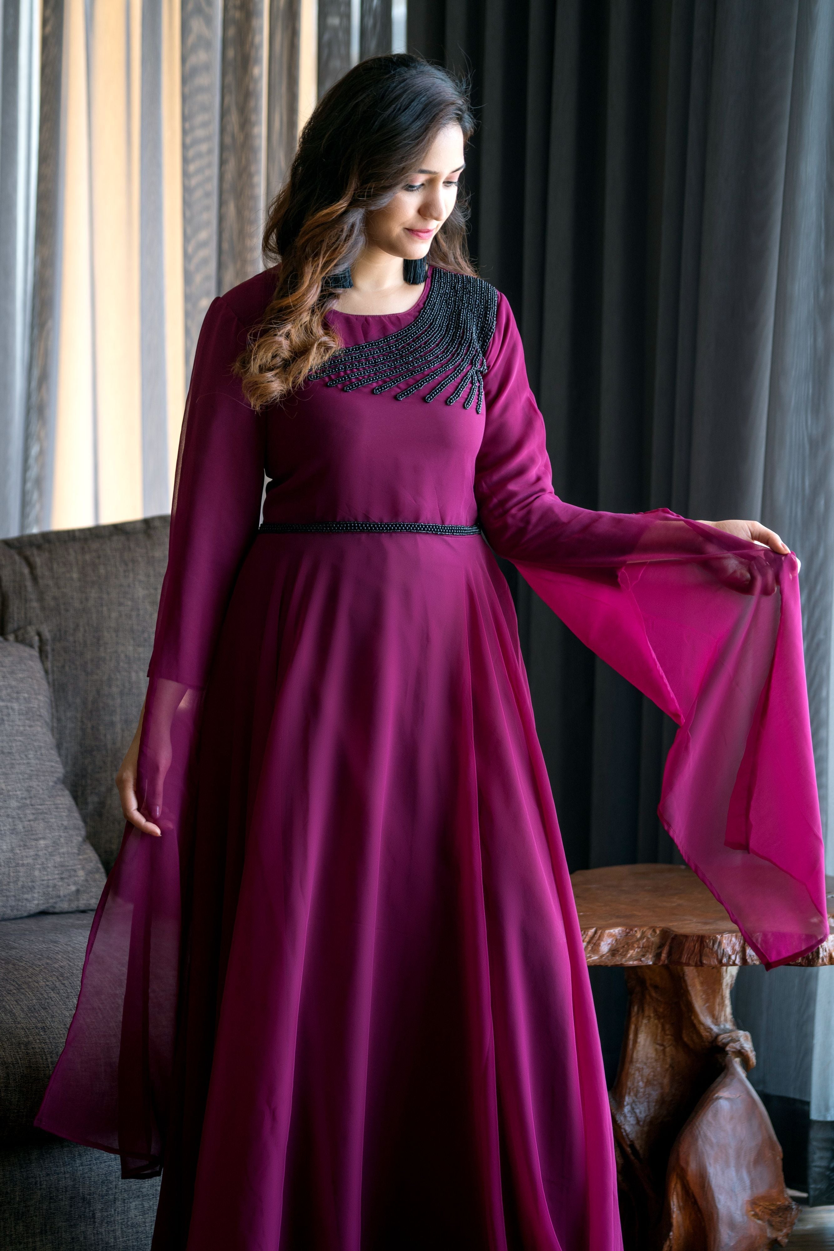 Women Wine Colored Embroidered Round Neck Fit And Flare Gown- FunkyTeesClub