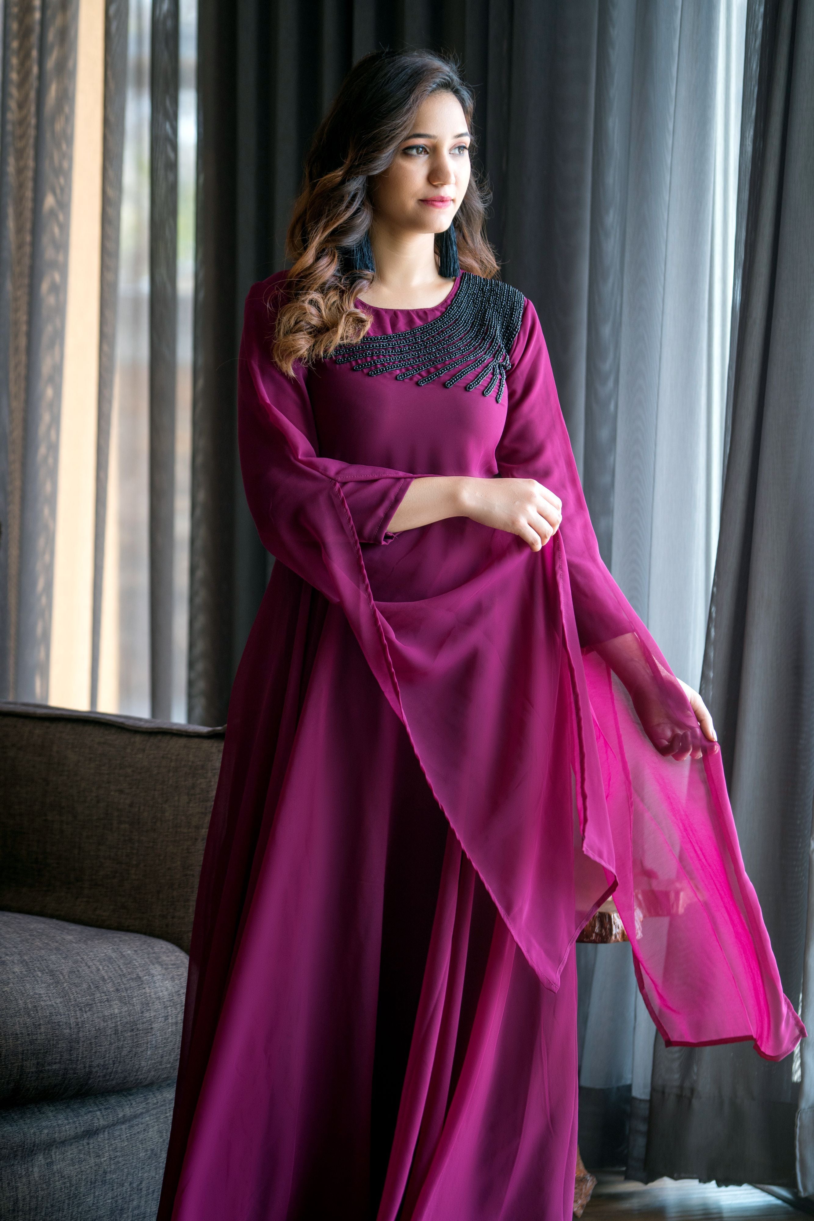 Women Wine Colored Embroidered Round Neck Fit And Flare Gown- FunkyTeesClub