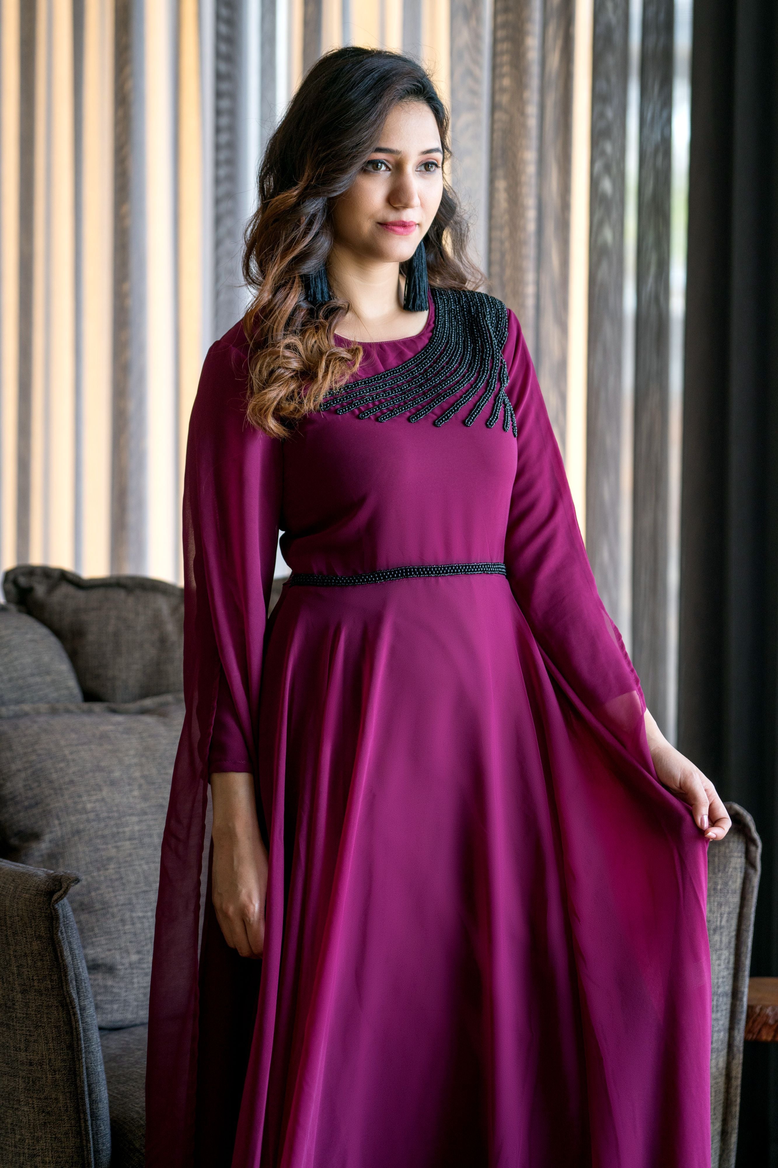 Women Wine Colored Embroidered Round Neck Fit And Flare Gown- FunkyTeesClub