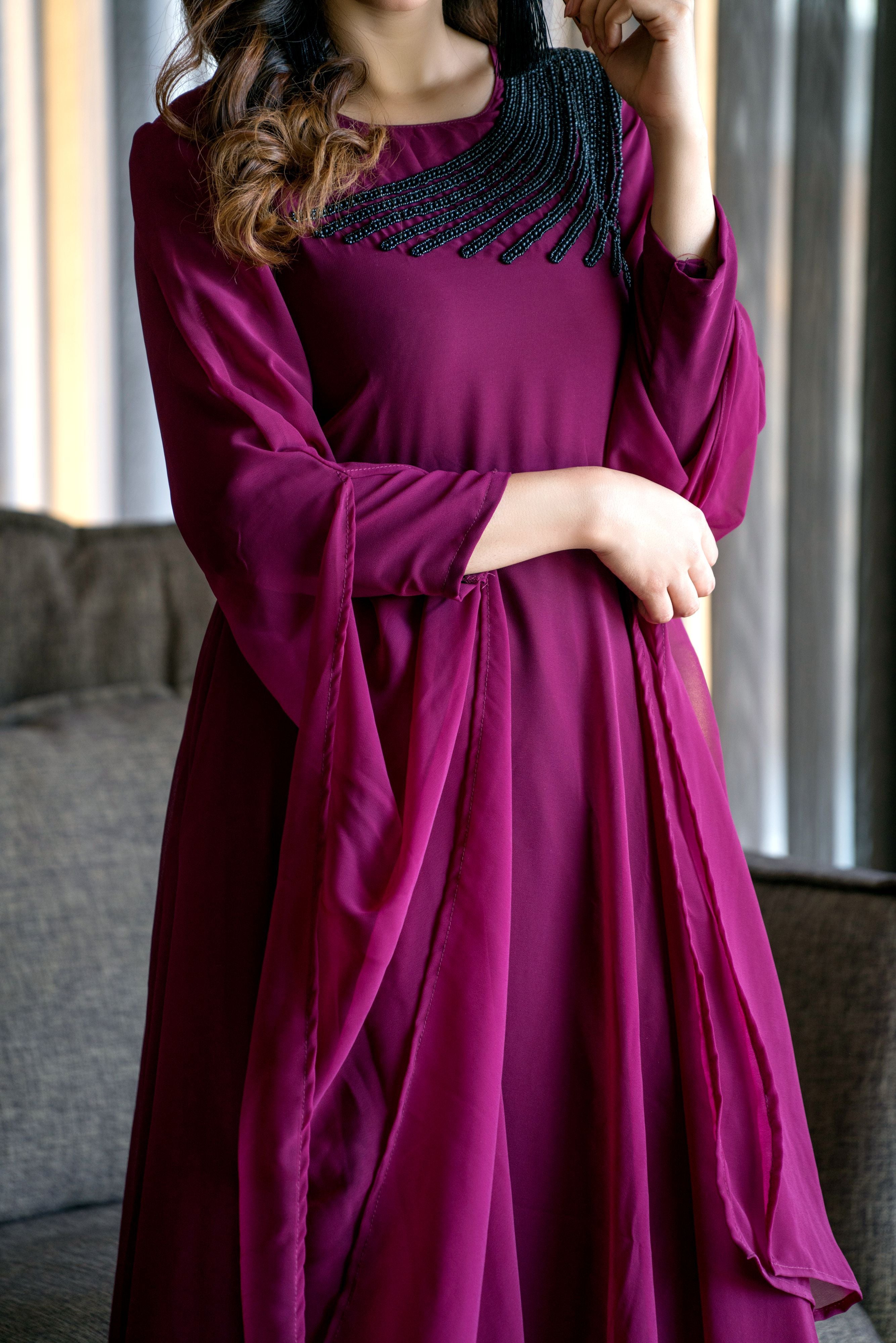 Women Wine Colored Embroidered Round Neck Fit And Flare Gown- FunkyTeesClub