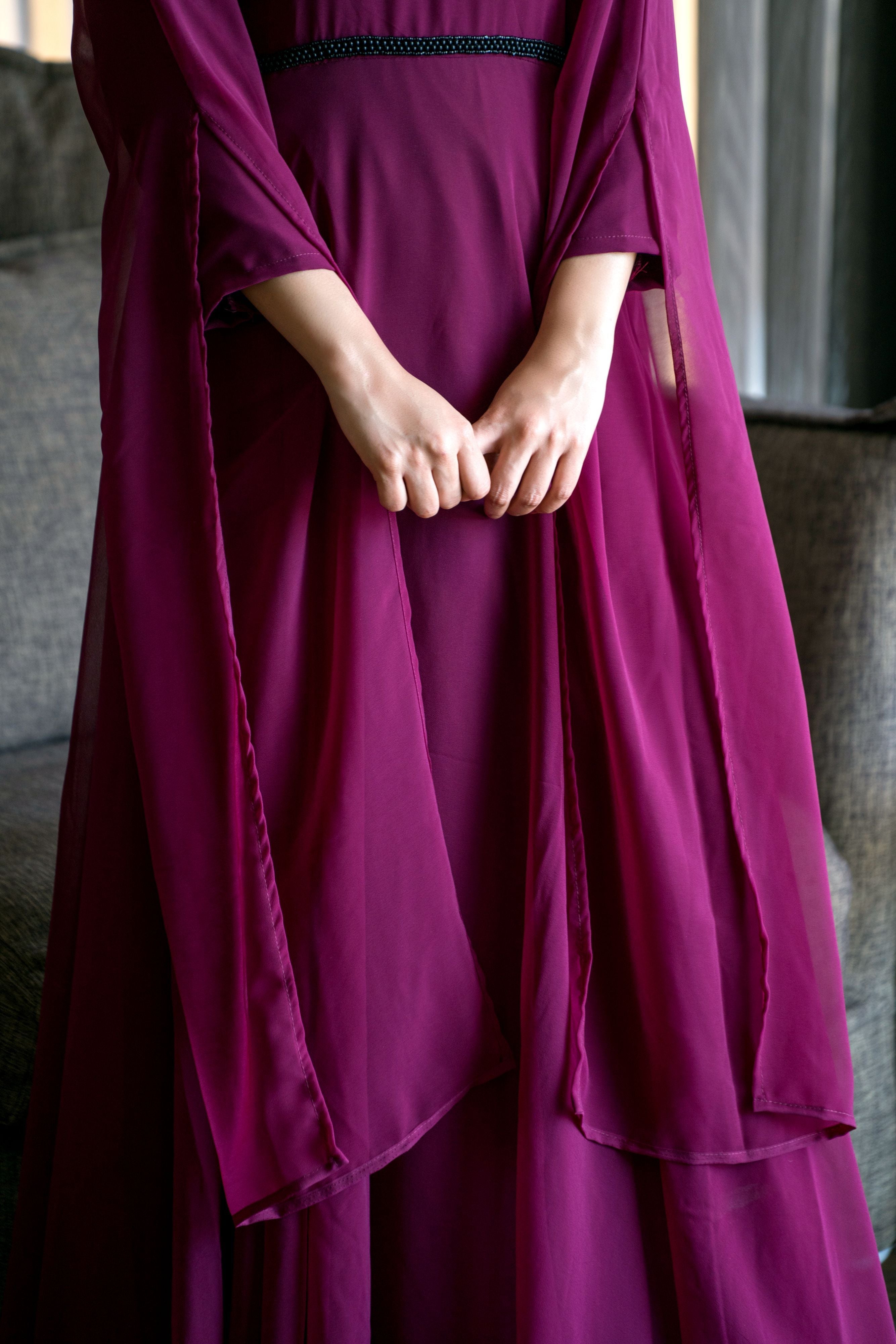 Women Wine Colored Embroidered Round Neck Fit And Flare Gown- FunkyTeesClub