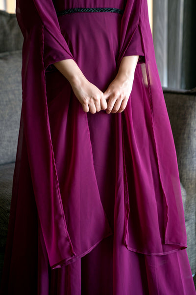 Women Wine Colored Embroidered Round Neck Fit And Flare Gown- FunkyTeesClub