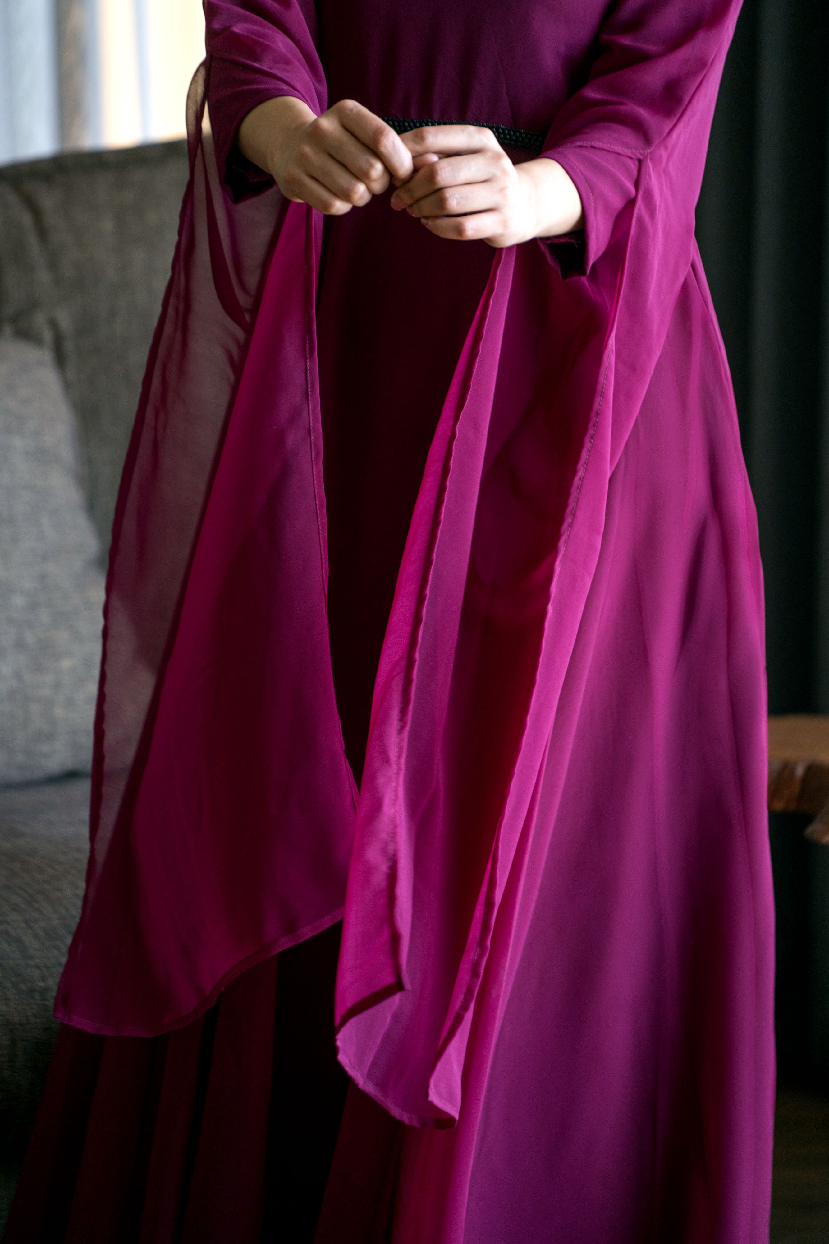 Women Wine Colored Embroidered Round Neck Fit And Flare Gown- FunkyTeesClub