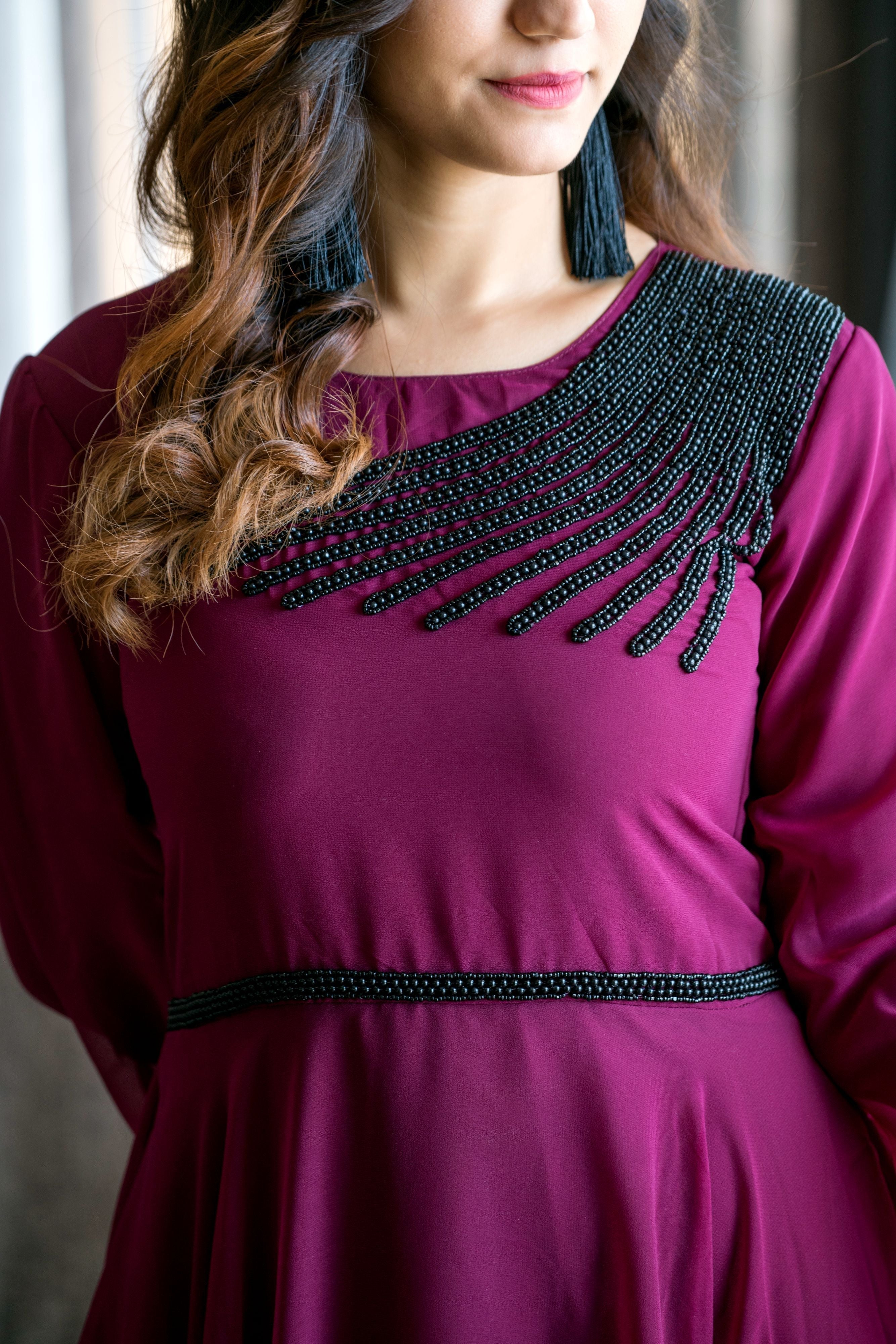 Women Wine Colored Embroidered Round Neck Fit And Flare Gown- FunkyTeesClub