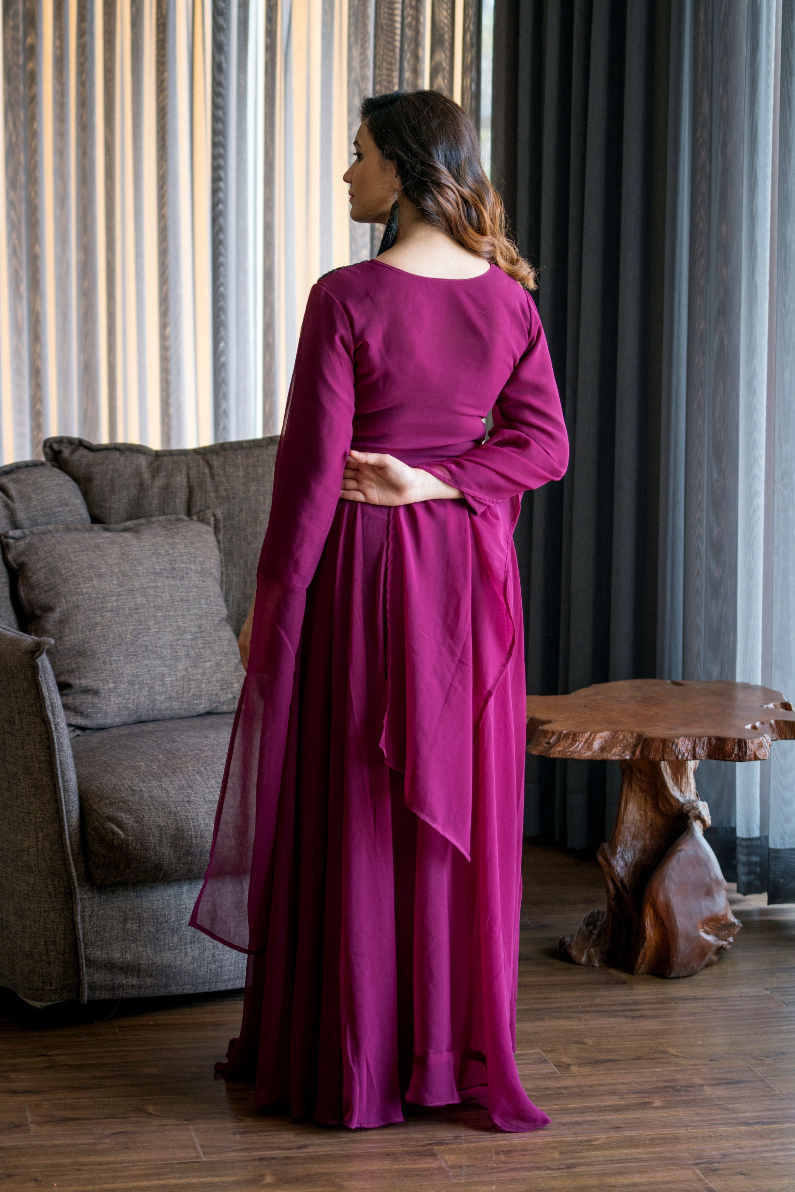 Women Wine Colored Embroidered Round Neck Fit And Flare Gown- FunkyTeesClub