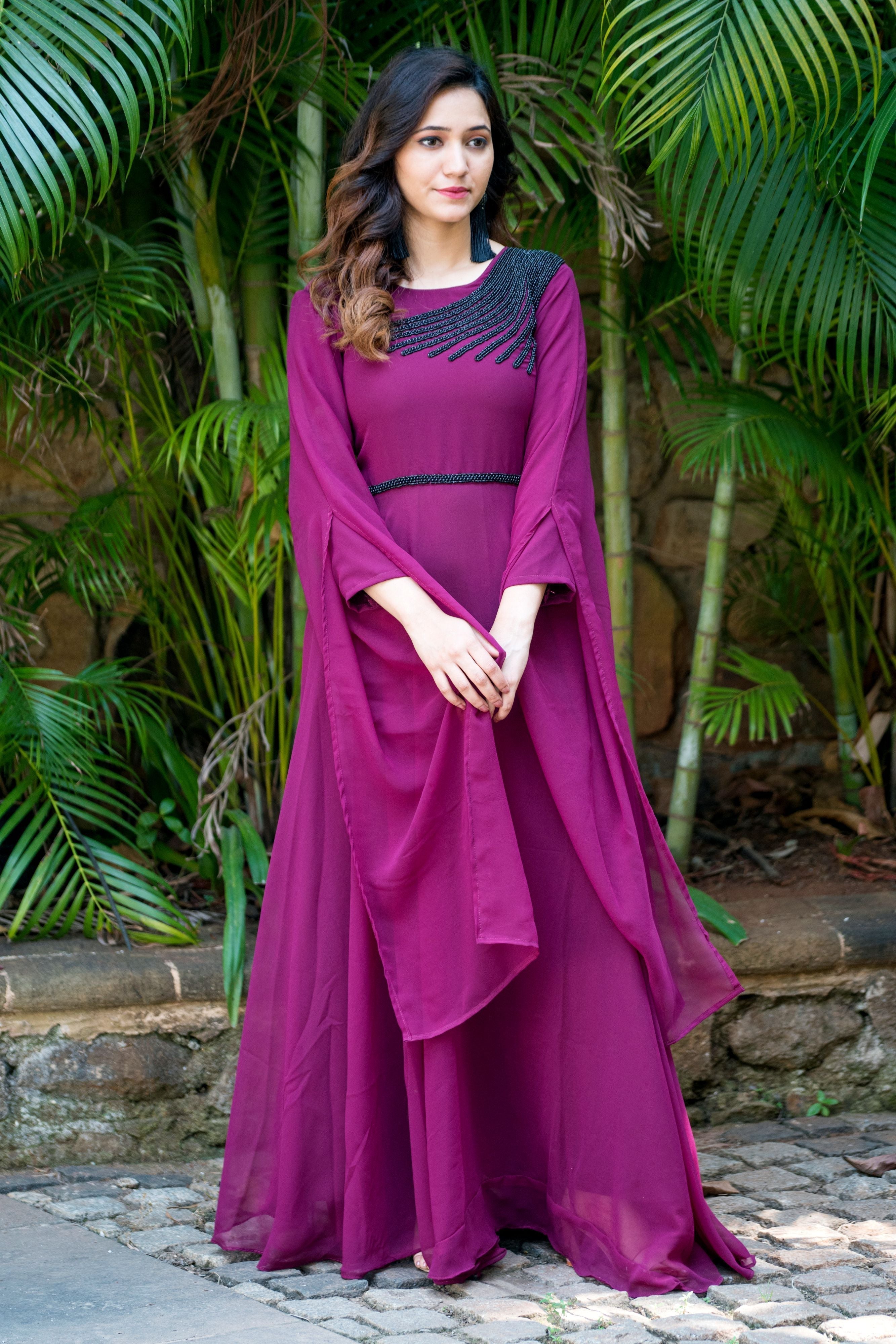 Women Wine Colored Embroidered Round Neck Fit And Flare Gown- FunkyTeesClub