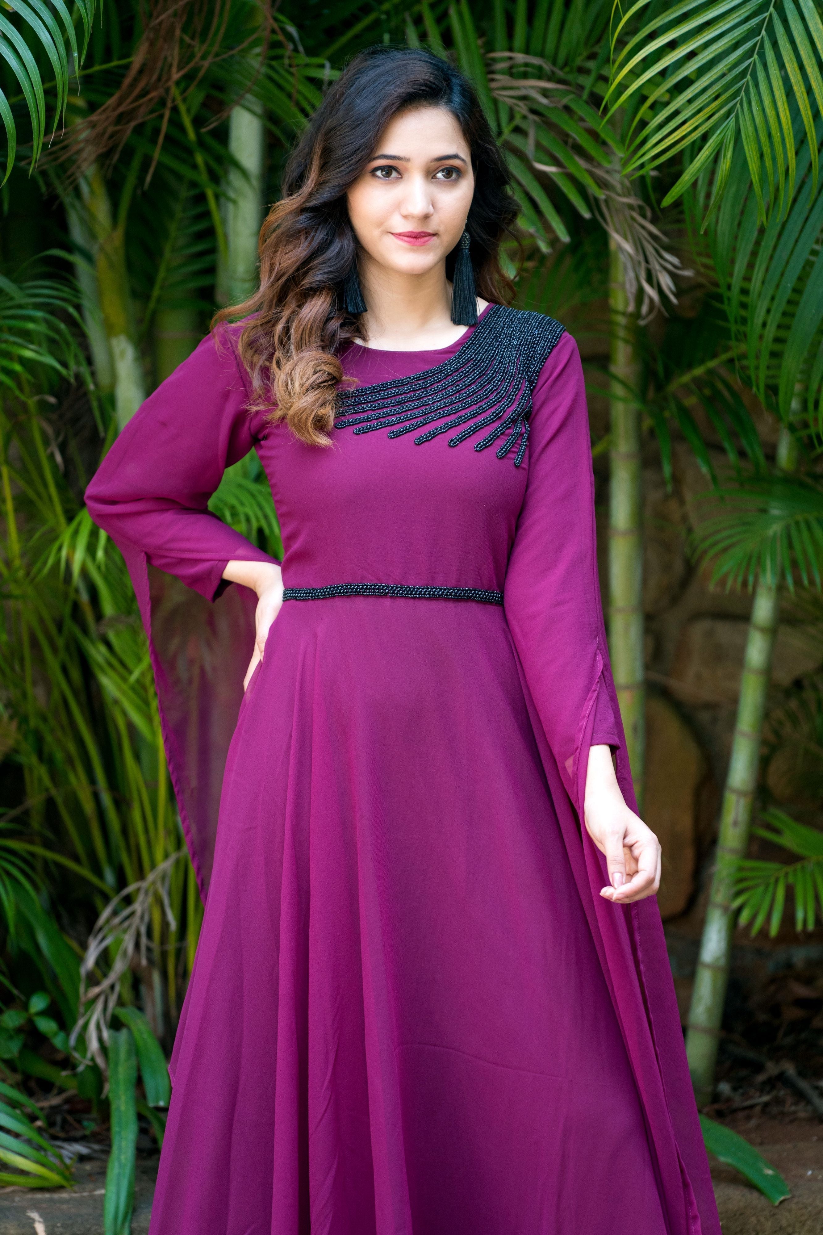 Women Wine Colored Embroidered Round Neck Fit And Flare Gown- FunkyTeesClub