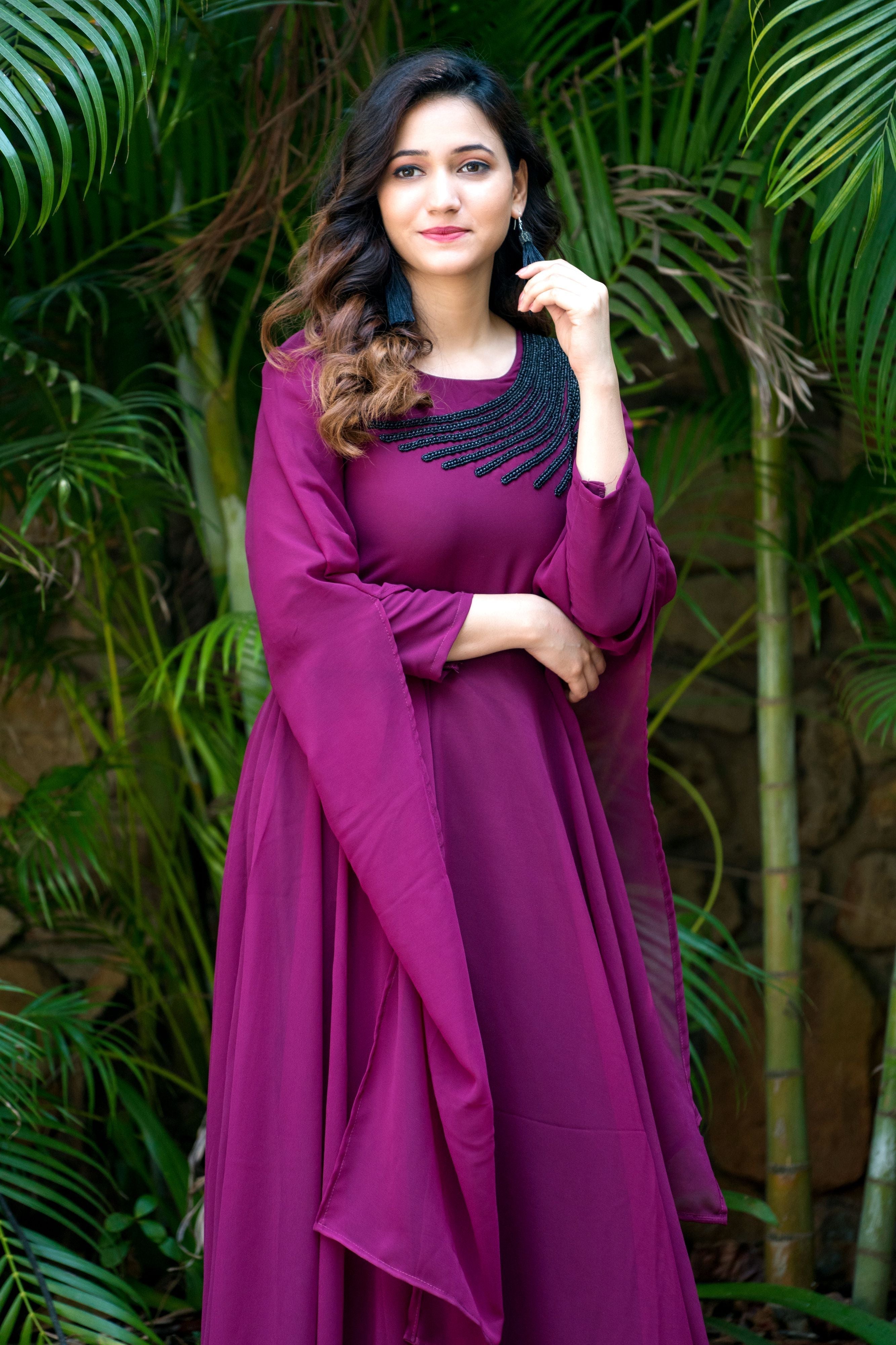 Women Wine Colored Embroidered Round Neck Fit And Flare Gown- FunkyTeesClub