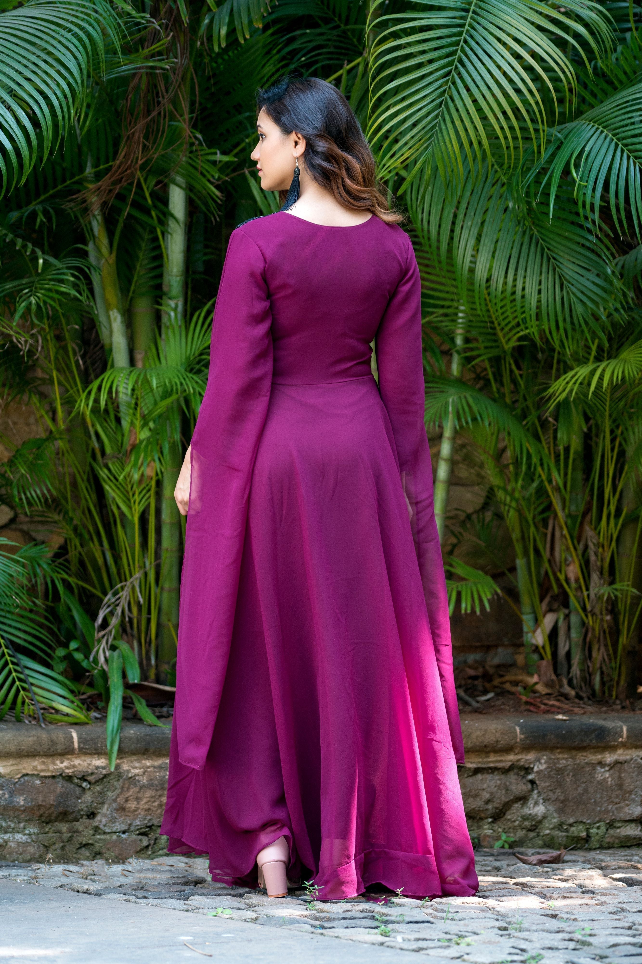Women Wine Colored Embroidered Round Neck Fit And Flare Gown- FunkyTeesClub