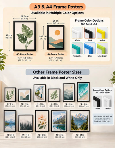 Framed poster size chart showing A3 and A4 dimensions and frame color options