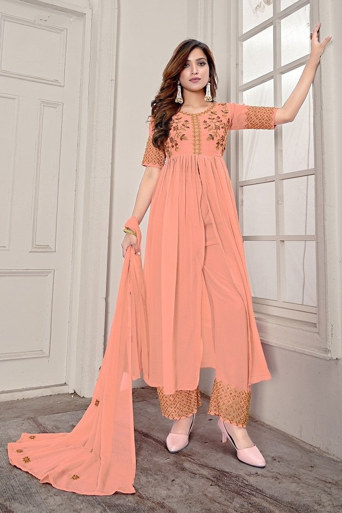 Indo Western Peach Embroidered Front Cut Anarkali Gown With Palazzo and Dupatta - FunkyTeesClub