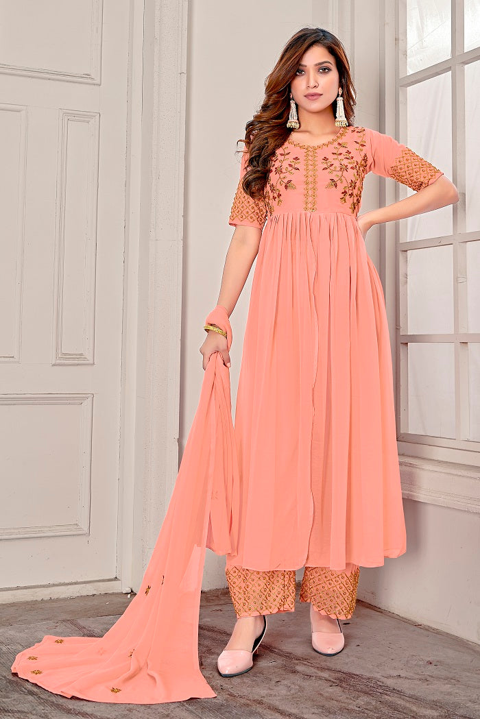 Indo Western Peach Embroidered Front Cut Anarkali Gown With Palazzo and Dupatta - FunkyTeesClub