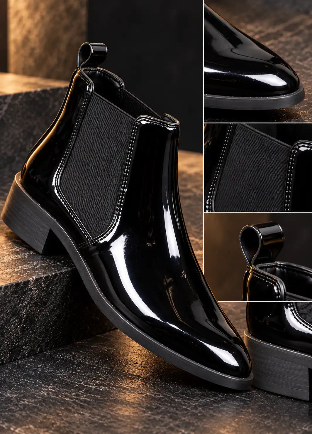 Men's Black Patent Chelsea Boots | Wrinkle-Free Faux Leather Ankle Boots