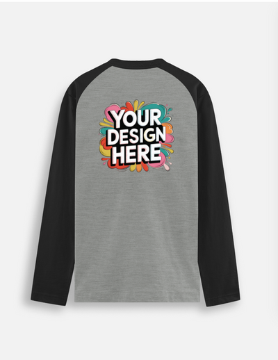 Gray and black baseball shirt with 'Your Design Here' text on a white background
