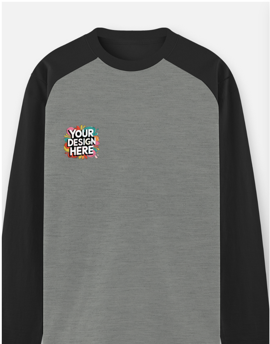 Gray and black baseball shirt with a colorful design on the chest pocket against a white background