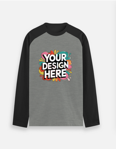 Gray and black long-sleeve shirt with colorful text 'YOUR DESIGN HERE' on a white background