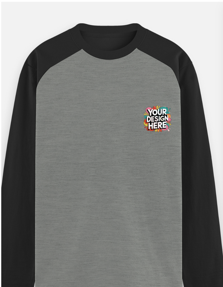 Gray and black long-sleeve shirt with customizable design area on a white background