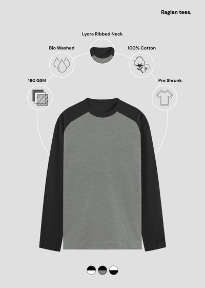 Gray and black raglan t-shirt with material specifications on a light gray background