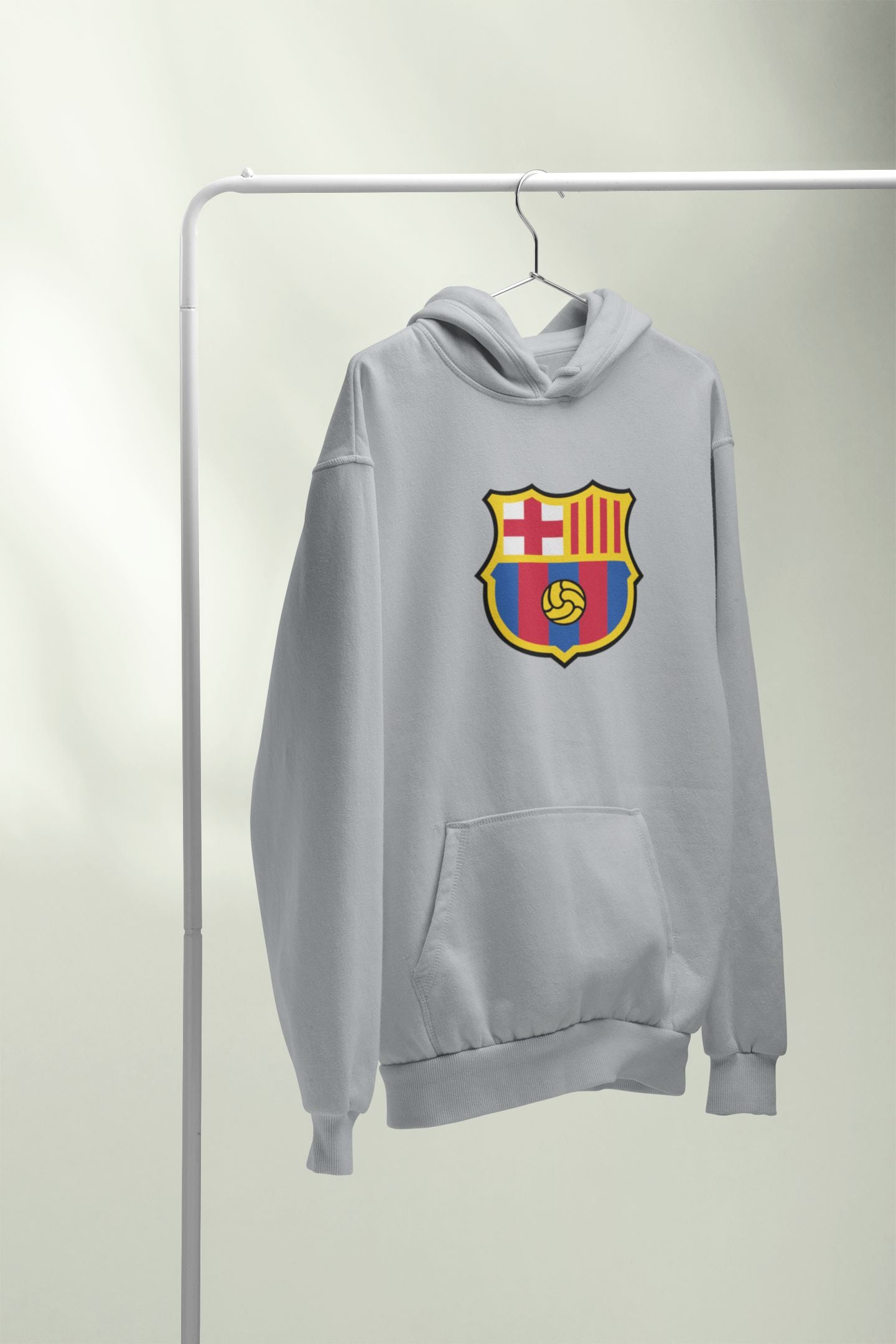 Gray hoodie with a colorful emblem on a white background